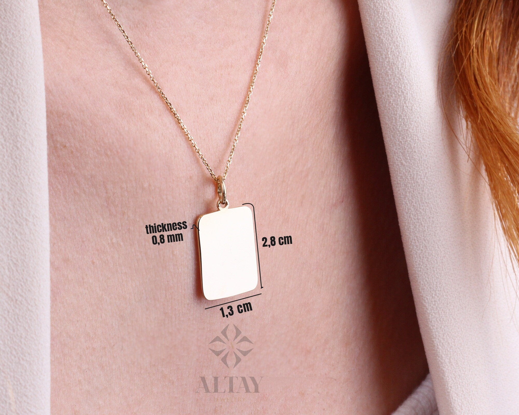 14K Gold Rectangle ID Necklace, Personalized Initial Choker, Custom Name Charm, Medical ID Necklace, Engraved Date Pendant, Gift For Her