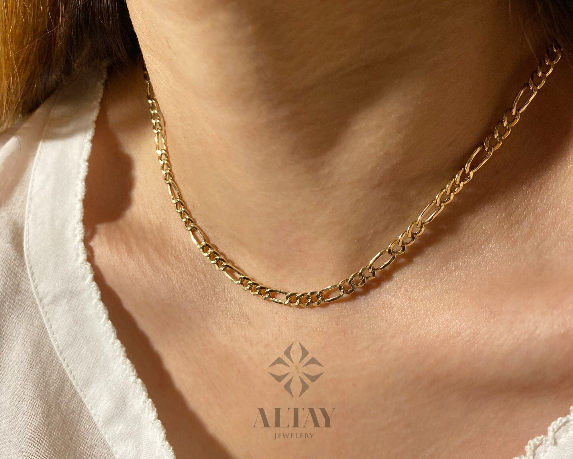 14K Gold Figaro Necklace, 3MM 4MM Figaro Choker, Layering Mariner Gold Chain, Minimal Fashion Necklace,Unisex Modern Chain, Gift For Her Him
