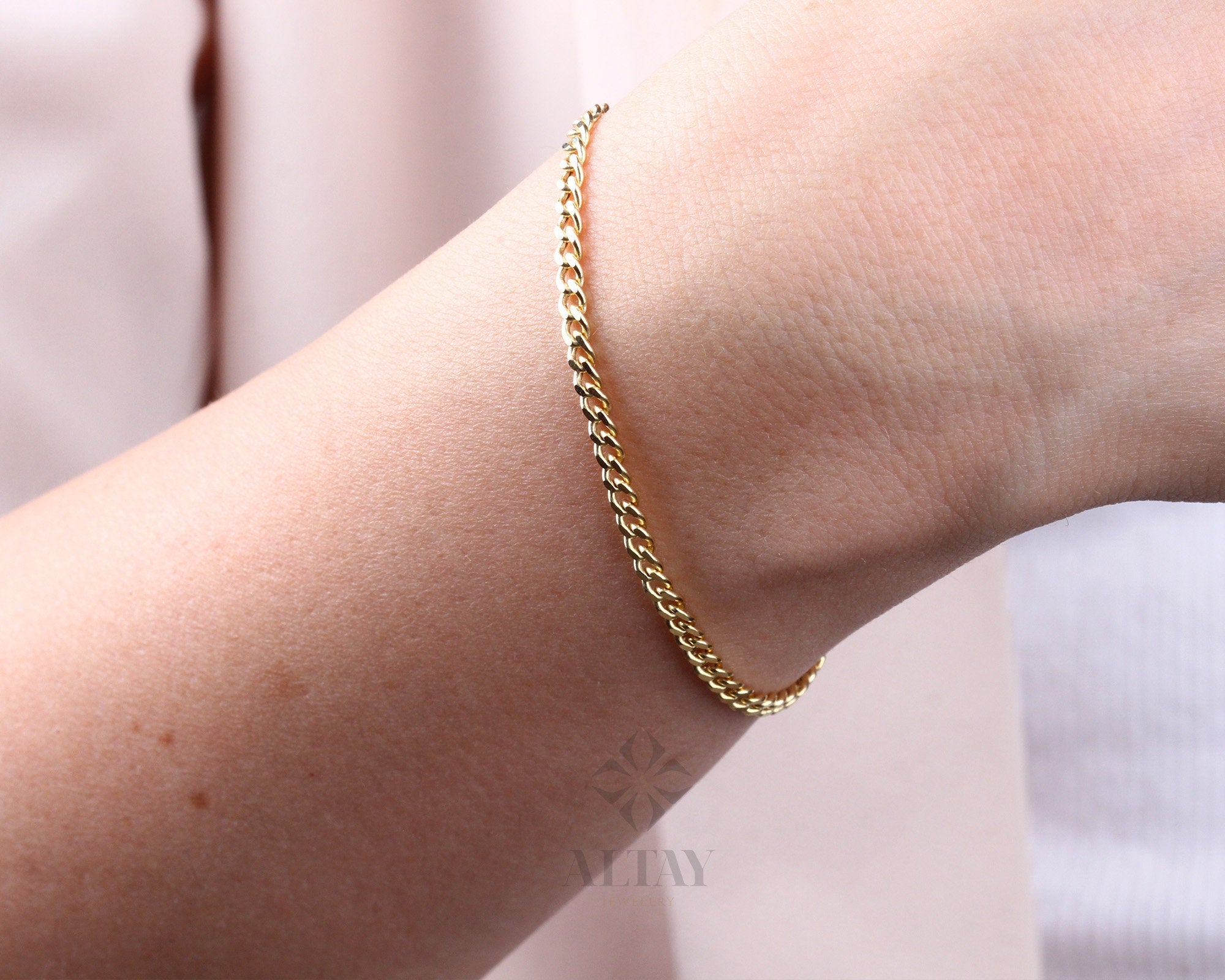 14K Gold Cuban Link Bracelet, 3mm Curb Layering Chain Anklet, Miami Cuban Bold Link, Stacking Bracelet, Unisex Bracelet, Gift For Her