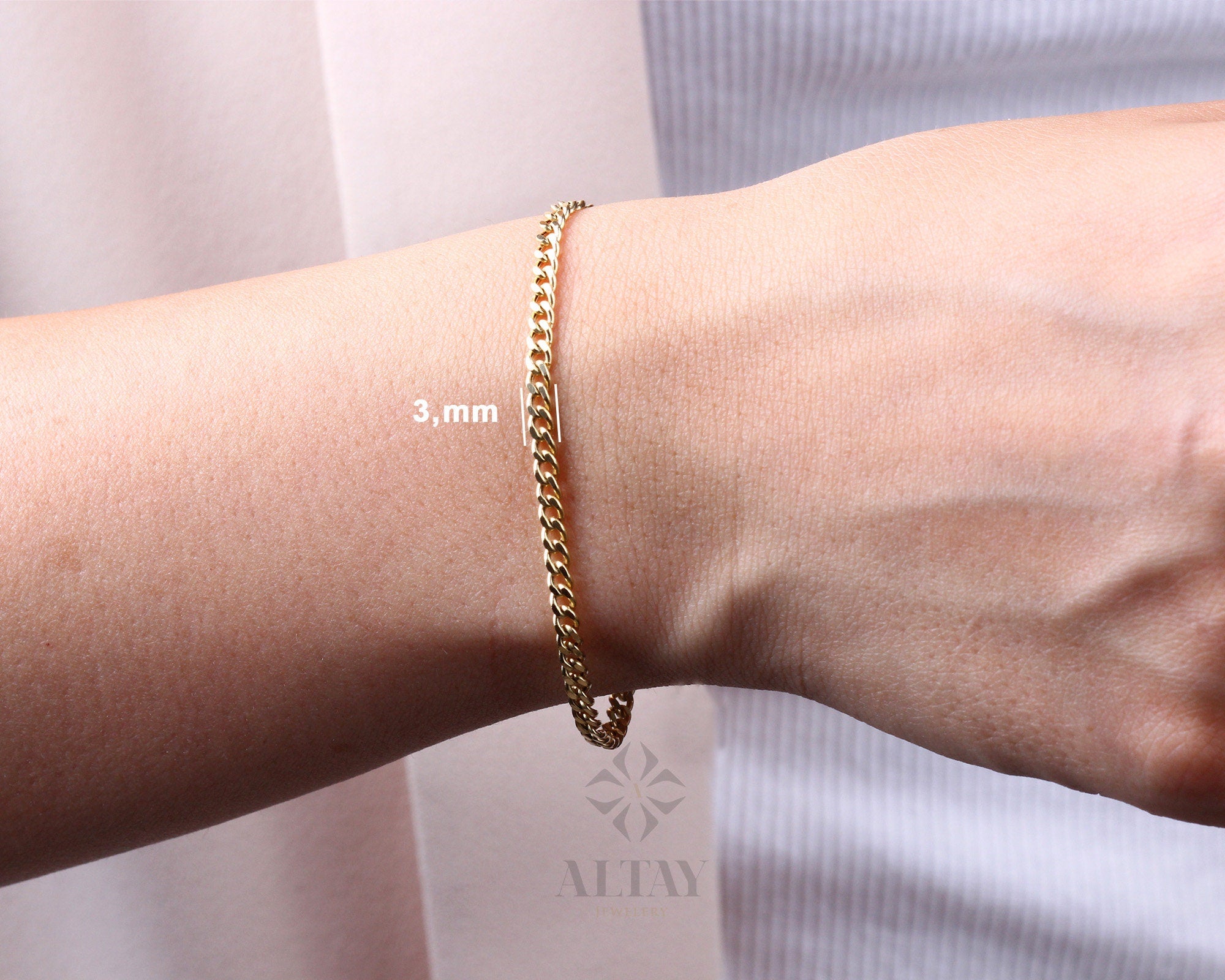 14K Gold Cuban Link Bracelet, 3mm Curb Layering Chain Anklet, Miami Cuban Bold Link, Stacking Bracelet, Unisex Bracelet, Gift For Her