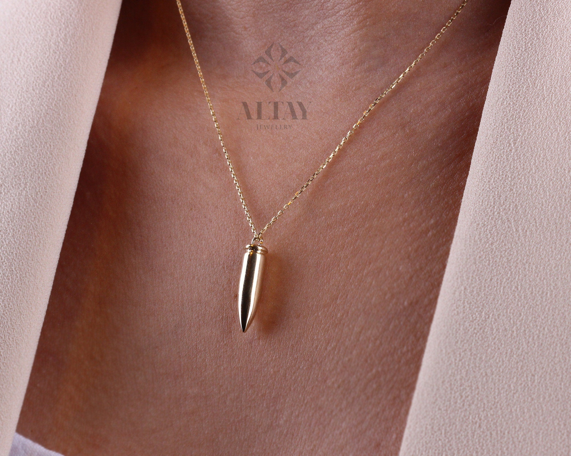 14K Gold Bullet Necklace, 4mm Bullet Pendant, Personalized Bullet Charm Jewelery, Engraved Bullet Choker, Soldier Jewelry, Custom Gold Gift