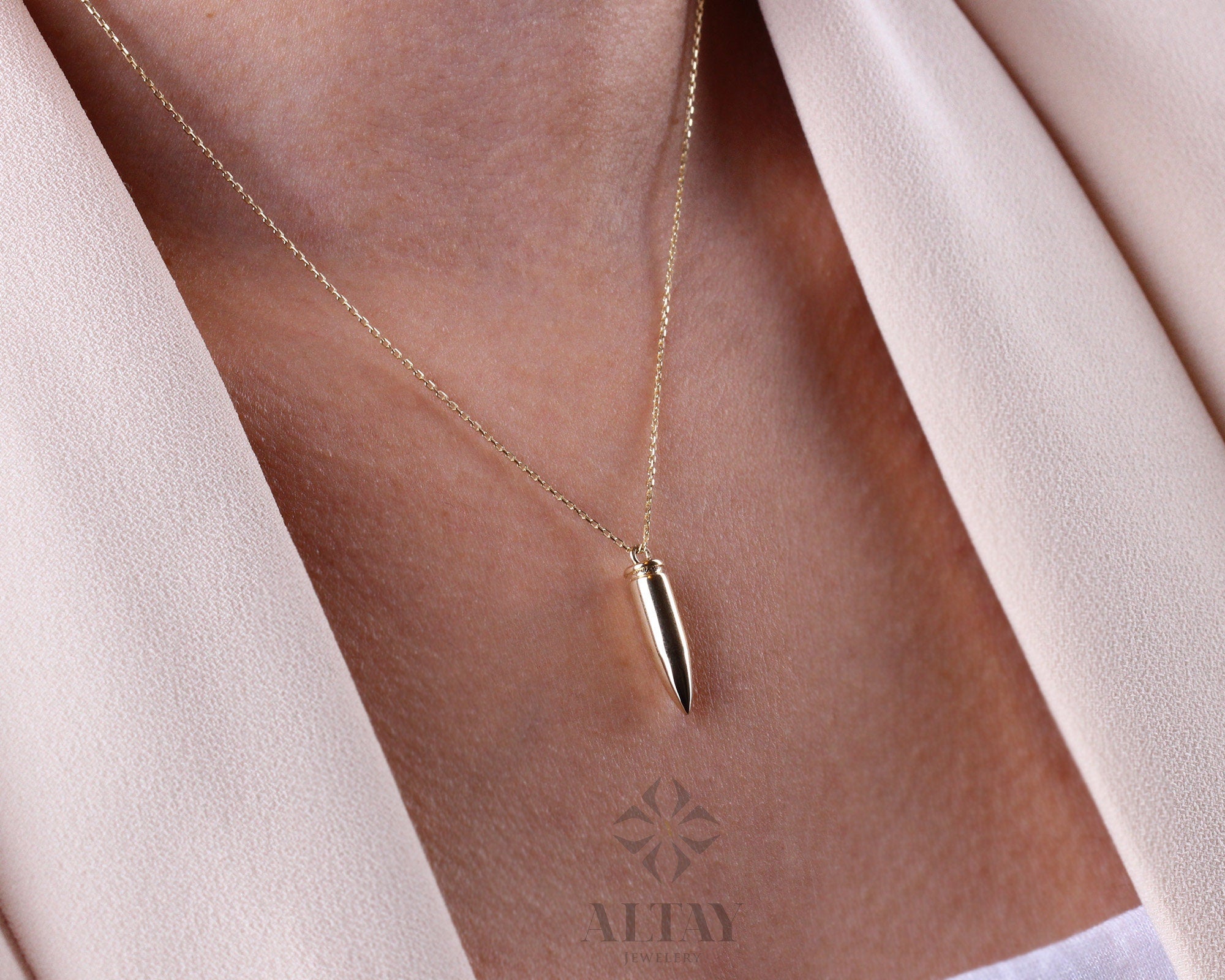 14K Gold Bullet Necklace, 4mm Bullet Pendant, Personalized Bullet Charm Jewelery, Engraved Bullet Choker, Soldier Jewelry, Custom Gold Gift