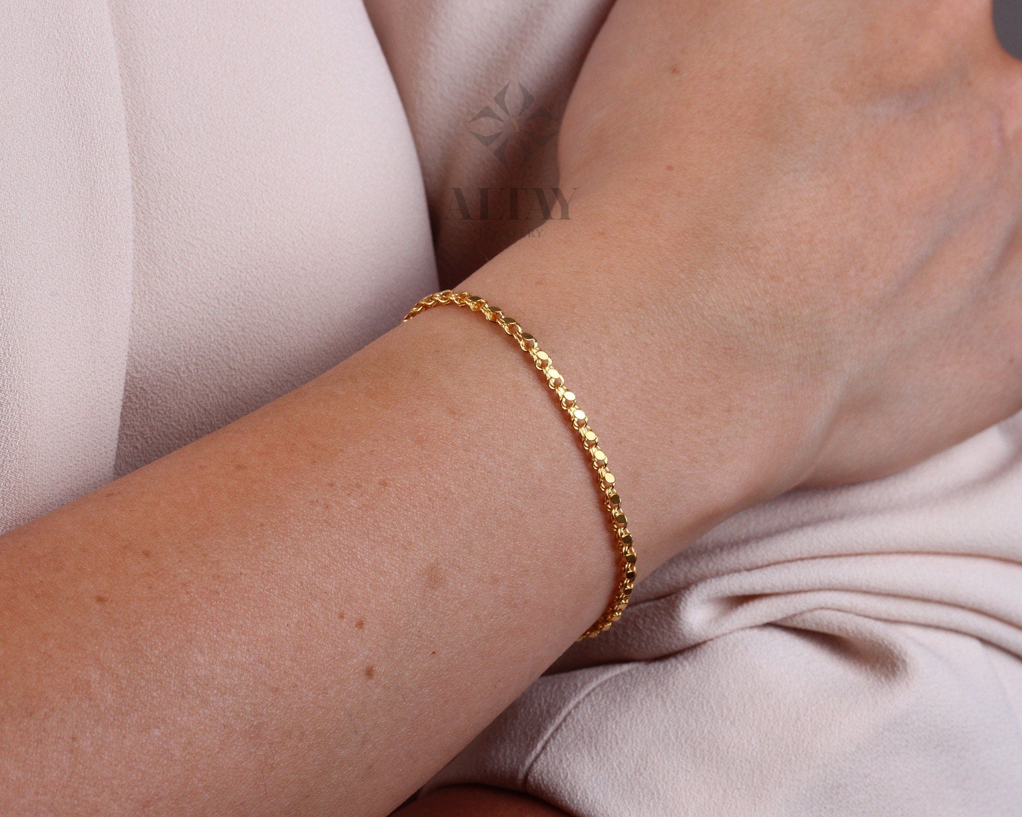 14K Solid Gold Mirror Chain Bracelet, 3mm Sequin Bracelet, Elegant Anklet Unisex Chain, Sparkle Fashion Delicate, Stacking, Gift For Her Him