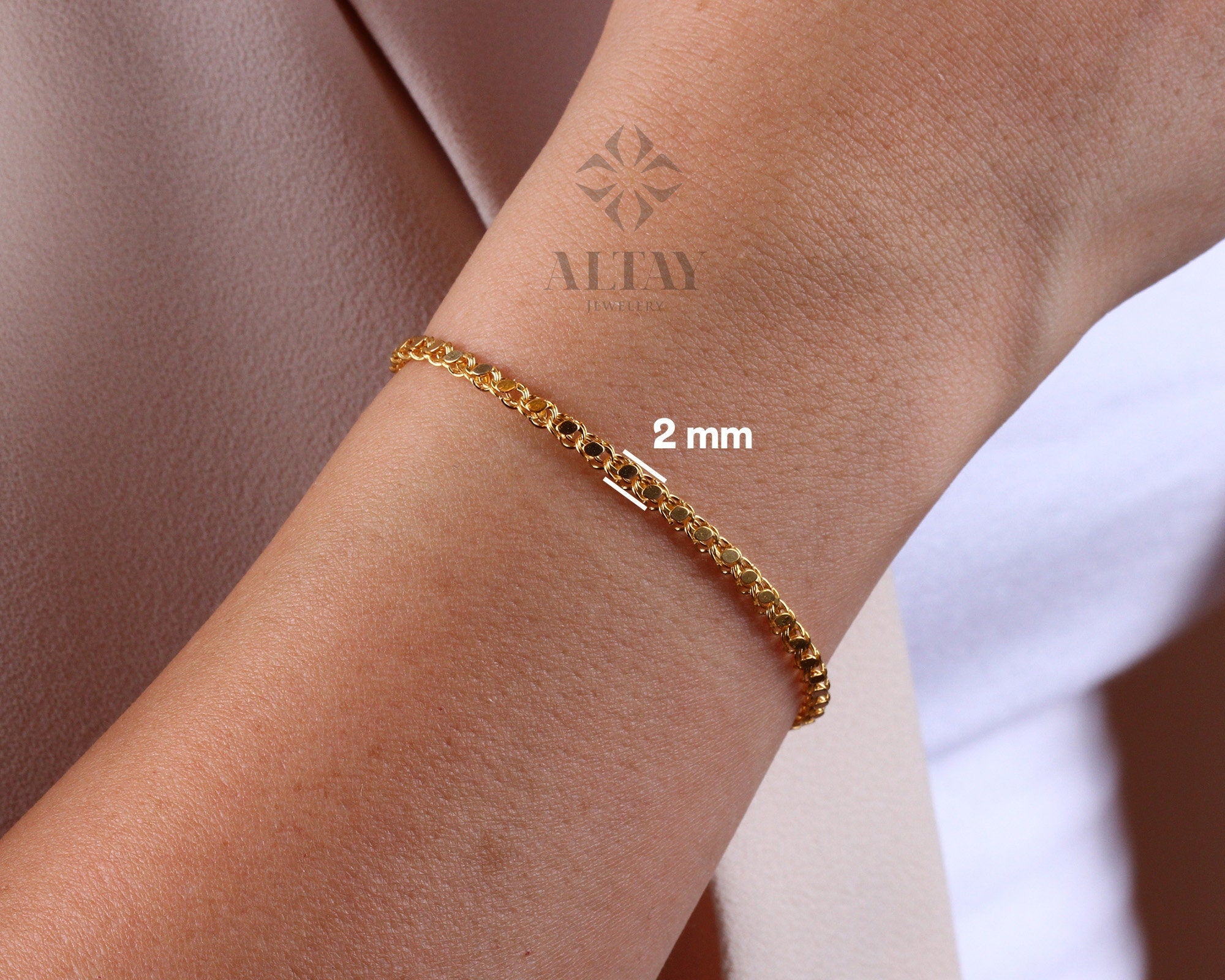 14K Solid Gold Mirror Chain Bracelet, 3mm Sequin Bracelet, Elegant Anklet Unisex Chain, Sparkle Fashion Delicate, Stacking, Gift For Her Him
