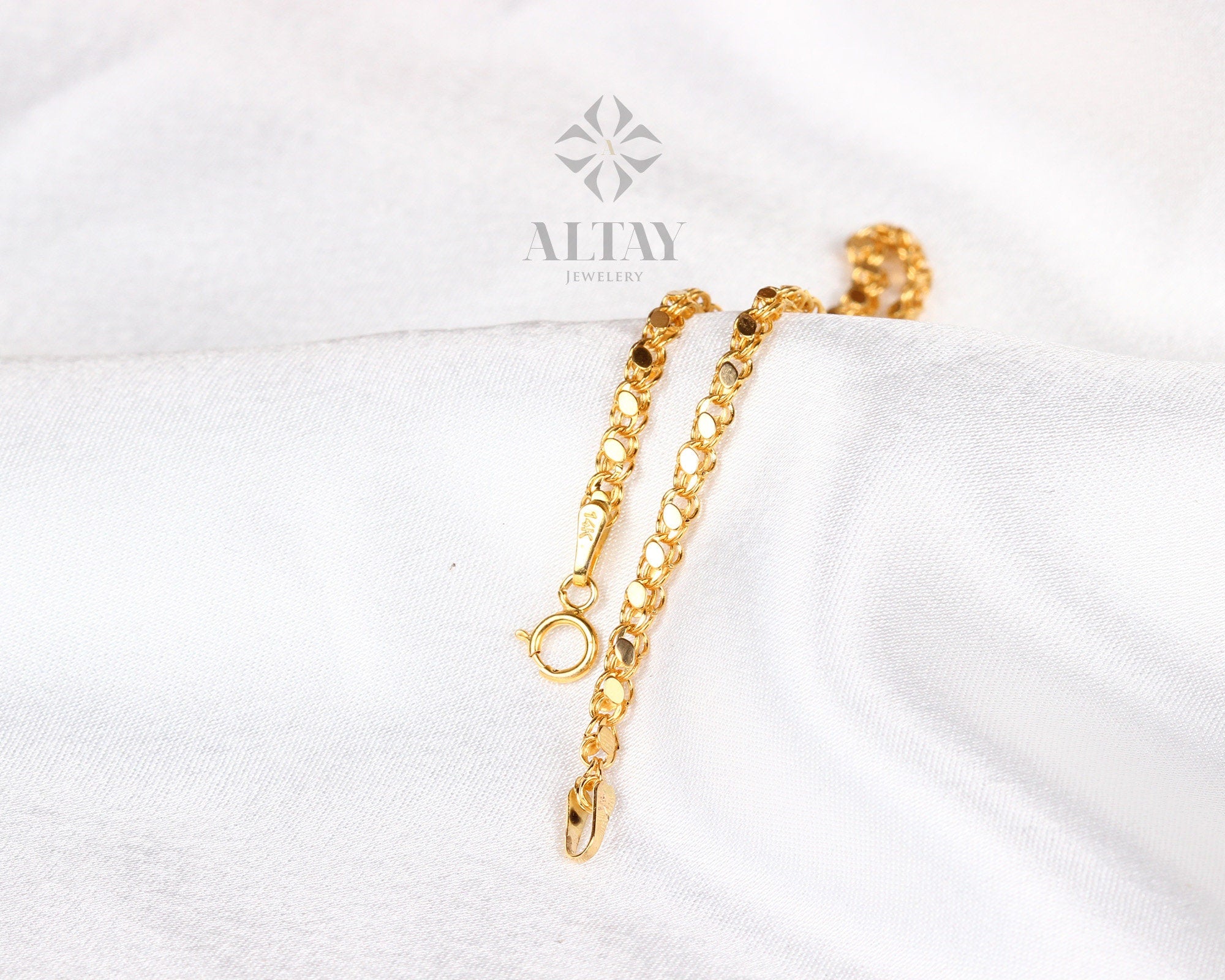 14K Solid Gold Mirror Chain Bracelet, 3mm Sequin Bracelet, Elegant Anklet Unisex Chain, Sparkle Fashion Delicate, Stacking, Gift For Her Him