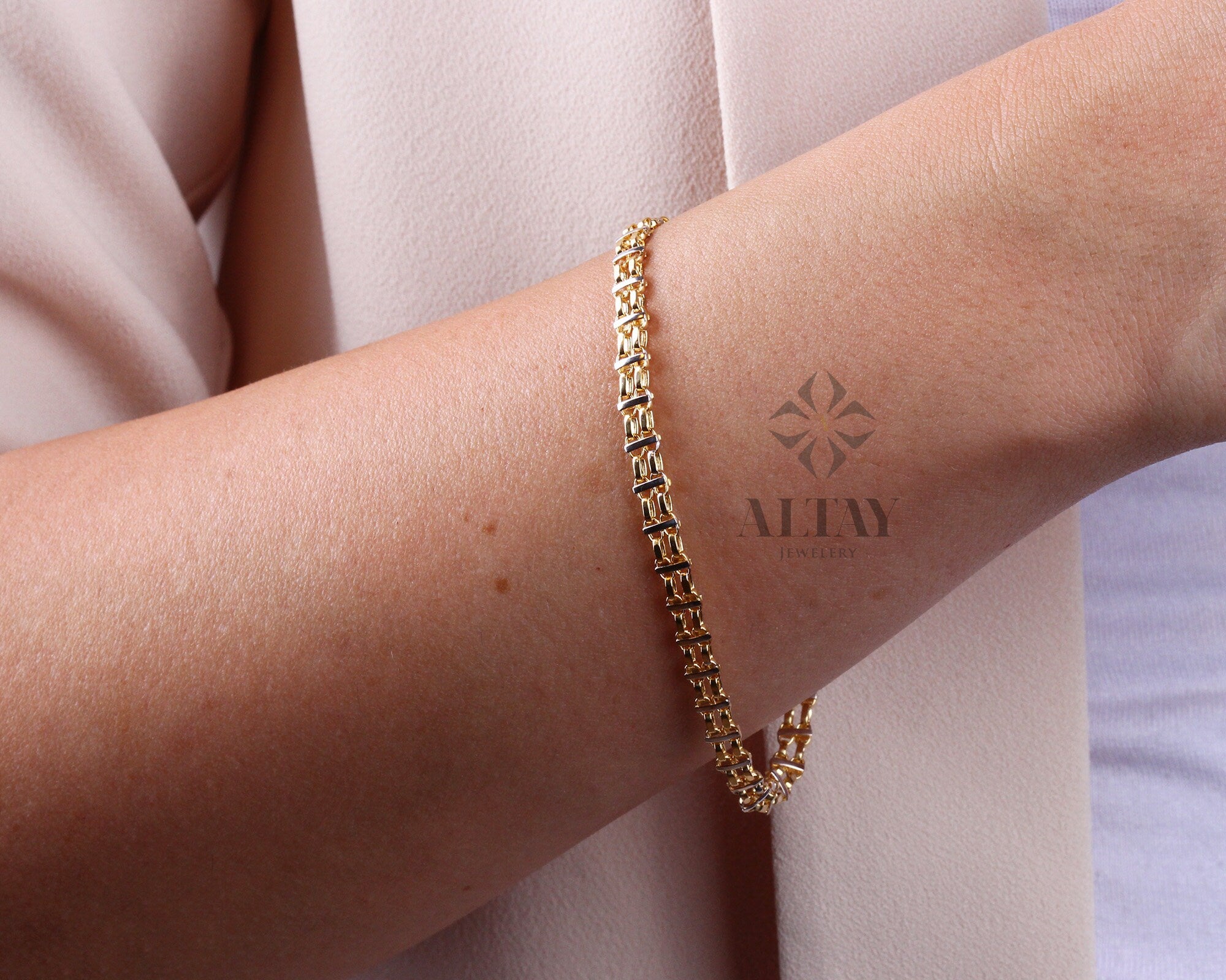 14K Gold Bismark Bracelet, 5 mm Curb Wrist Chain, Gold Herringbone Stack Link, Braided Bismarck Christmas Valentine's Day Gift For Her