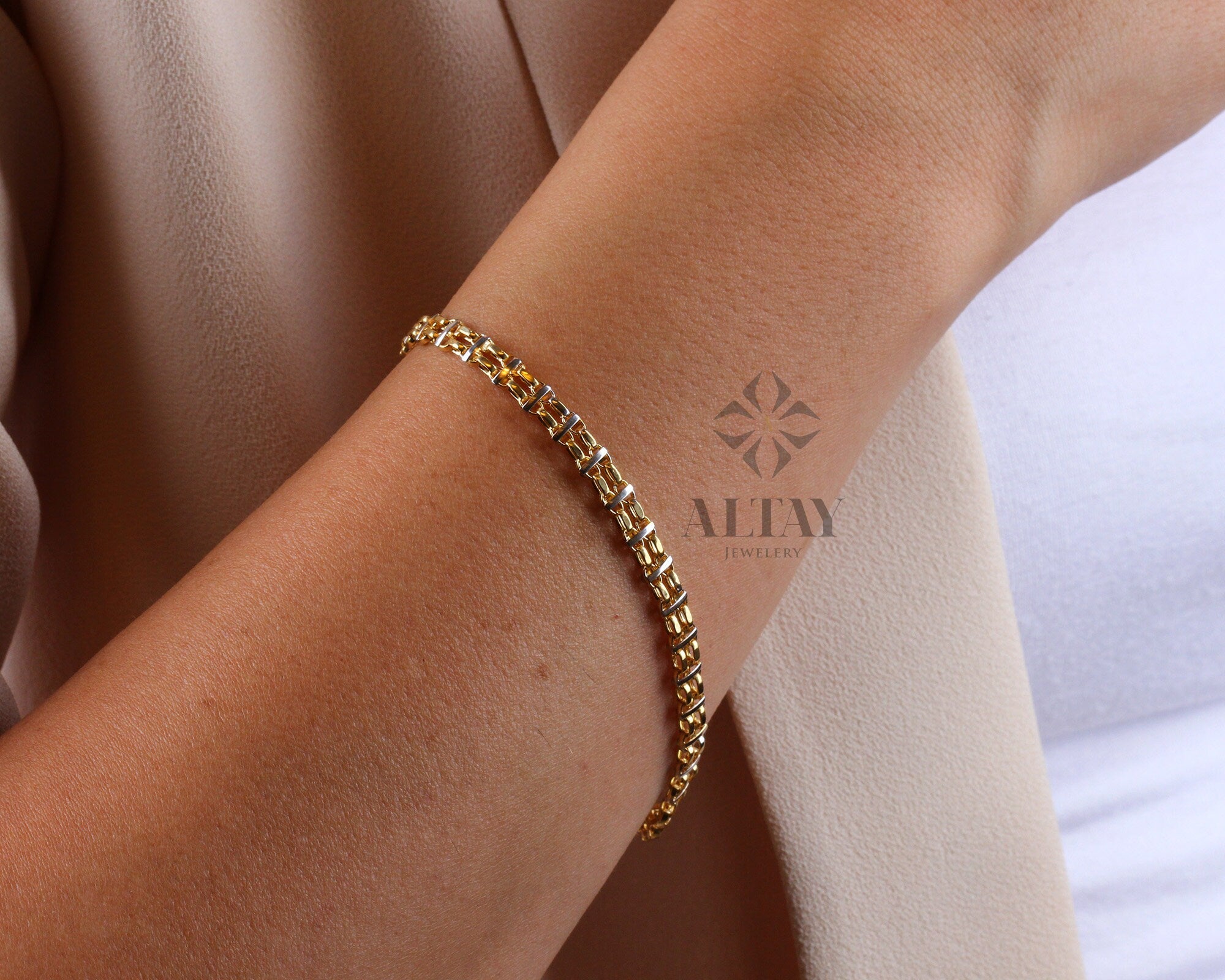 14K Gold Bismark Bracelet, 5 mm Curb Wrist Chain, Gold Herringbone Stack Link, Braided Bismarck Christmas Valentine's Day Gift For Her