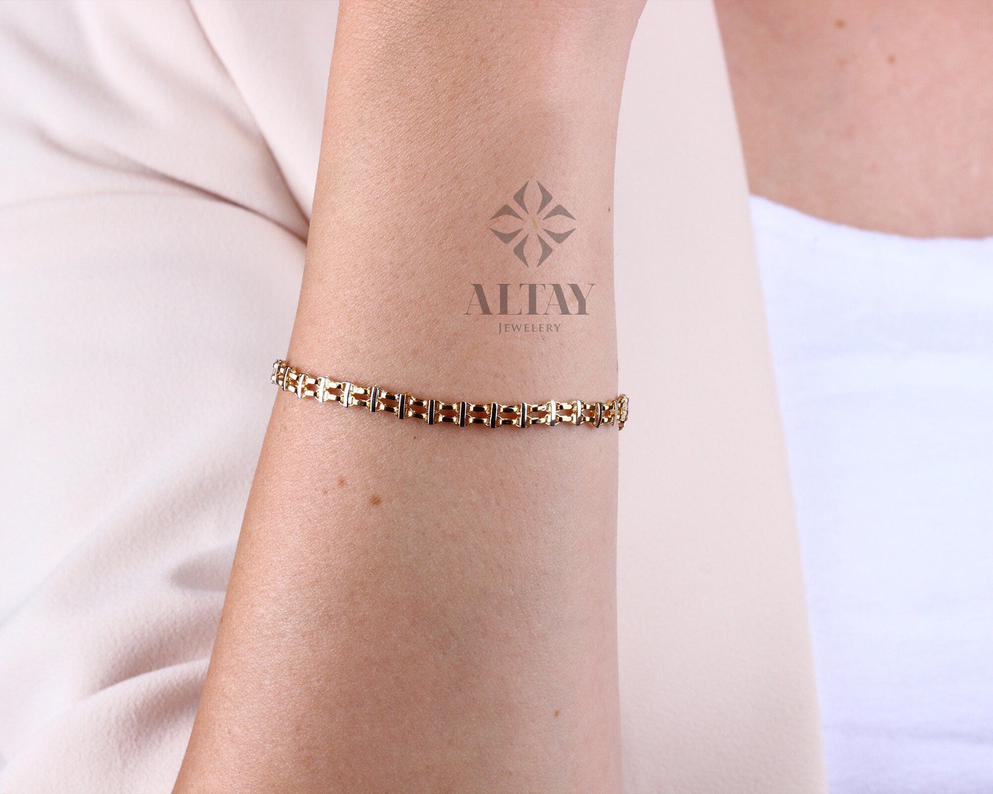 14K Gold Bismark Bracelet, 5 mm Curb Wrist Chain, Gold Herringbone Stack Link, Braided Bismarck Christmas Valentine's Day Gift For Her