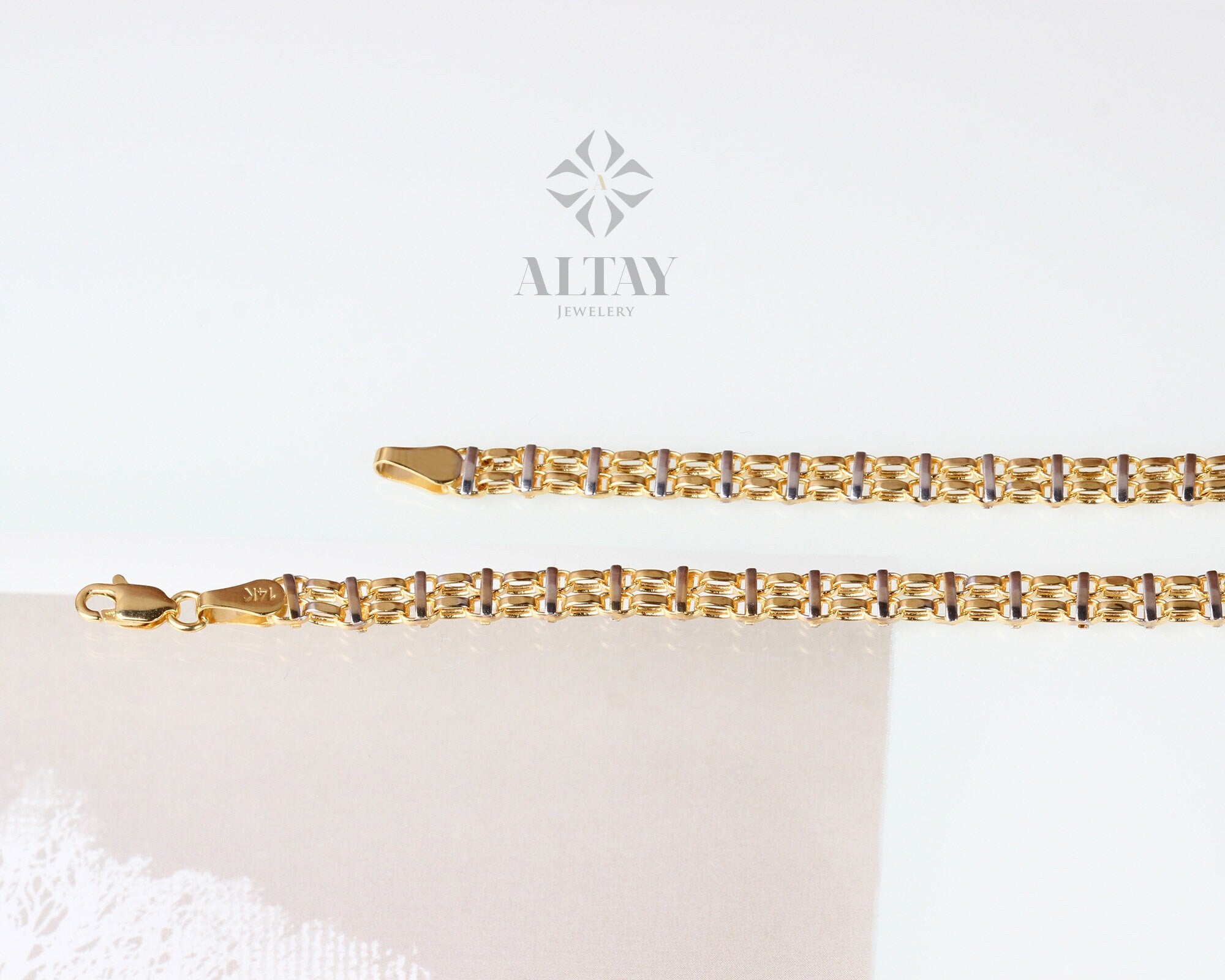 14K Gold Bismark Bracelet, 5 mm Curb Wrist Chain, Gold Herringbone Stack Link, Braided Bismarck Christmas Valentine's Day Gift For Her