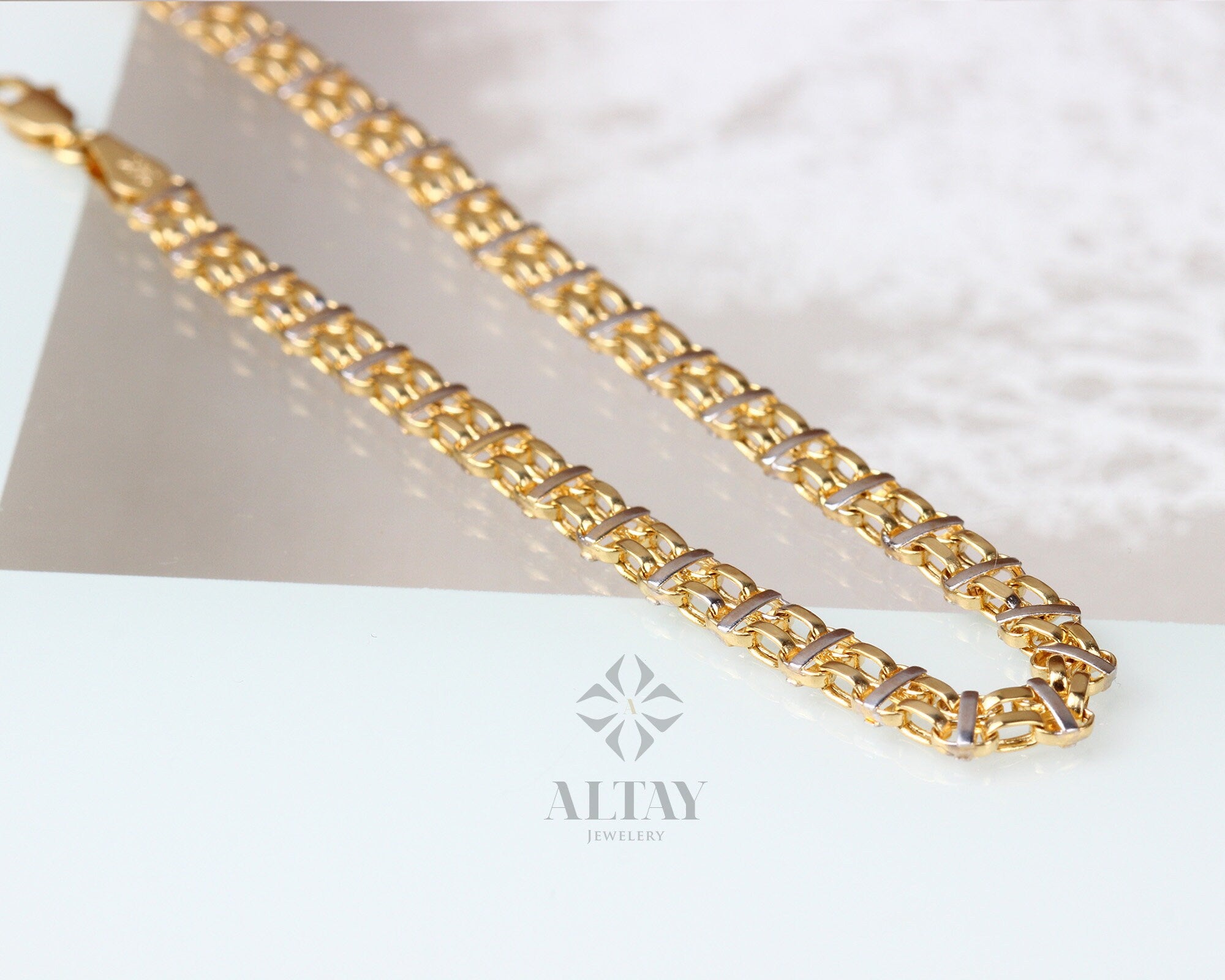 14K Gold Bismark Bracelet, 5 mm Curb Wrist Chain, Gold Herringbone Stack Link, Braided Bismarck Christmas Valentine's Day Gift For Her