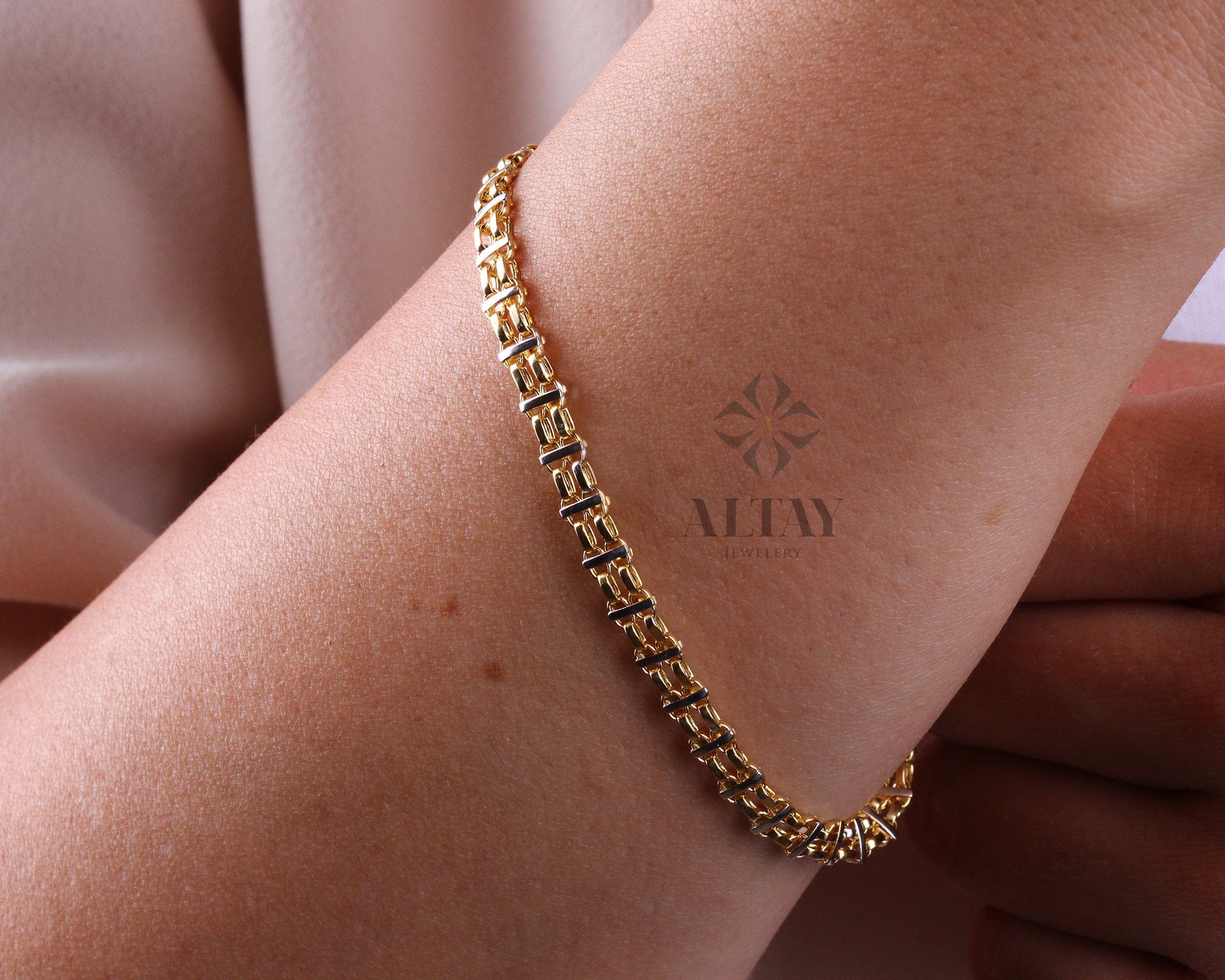 14K Gold Bismark Bracelet, 5 mm Curb Wrist Chain, Gold Herringbone Stack Link, Braided Bismarck Christmas Valentine's Day Gift For Her