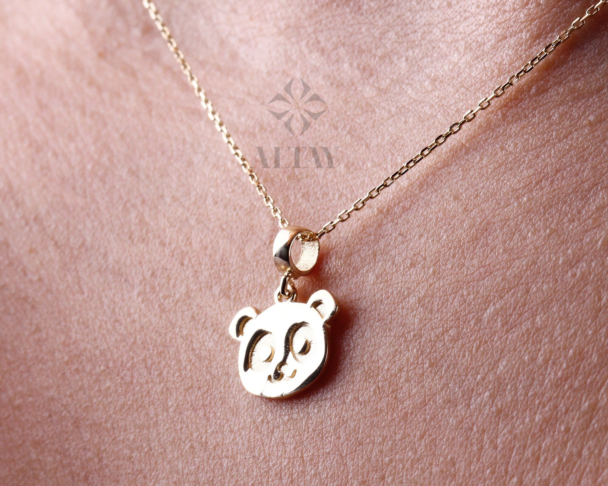 14K Gold Panda Necklace, Gold Panda Bear Pendant, Panda Face Design Choker, Animal Charm Jewelry, Unique Necklace, Luck Pendant Gift for Her