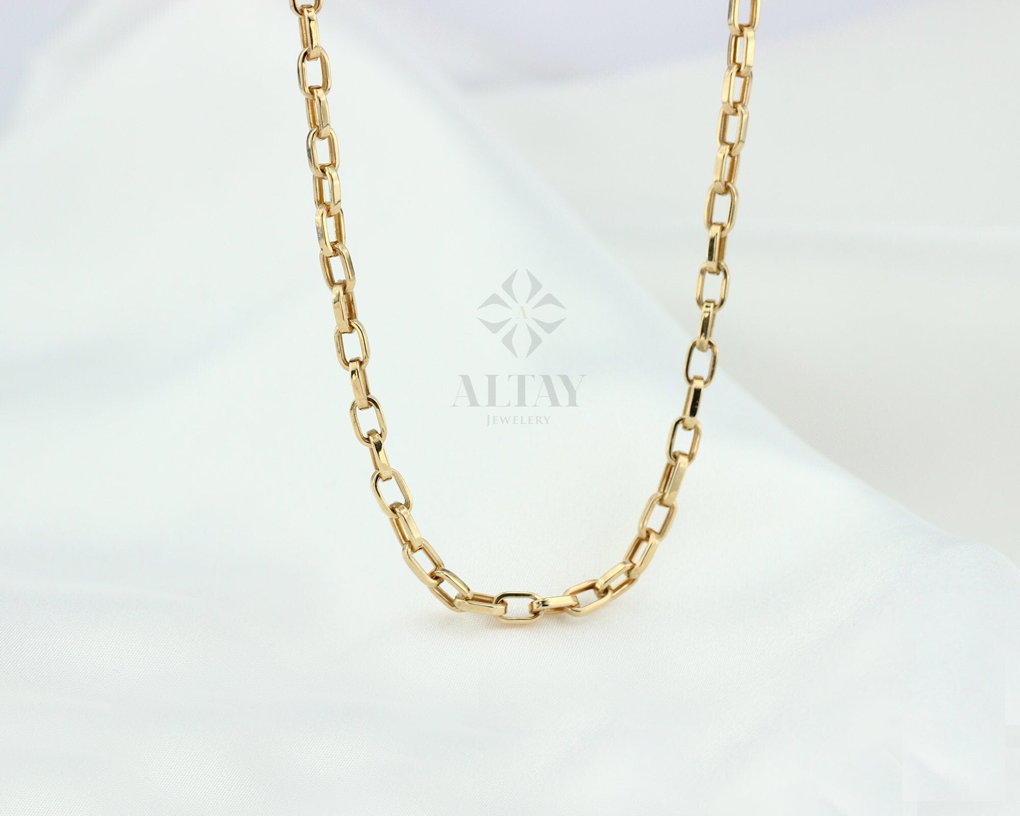 14K Gold Chain Necklace, 3MM Gold Choker Small Staple, Rectangular Elongated, Square Link, Layering Chain, Lightweight, Gift For her