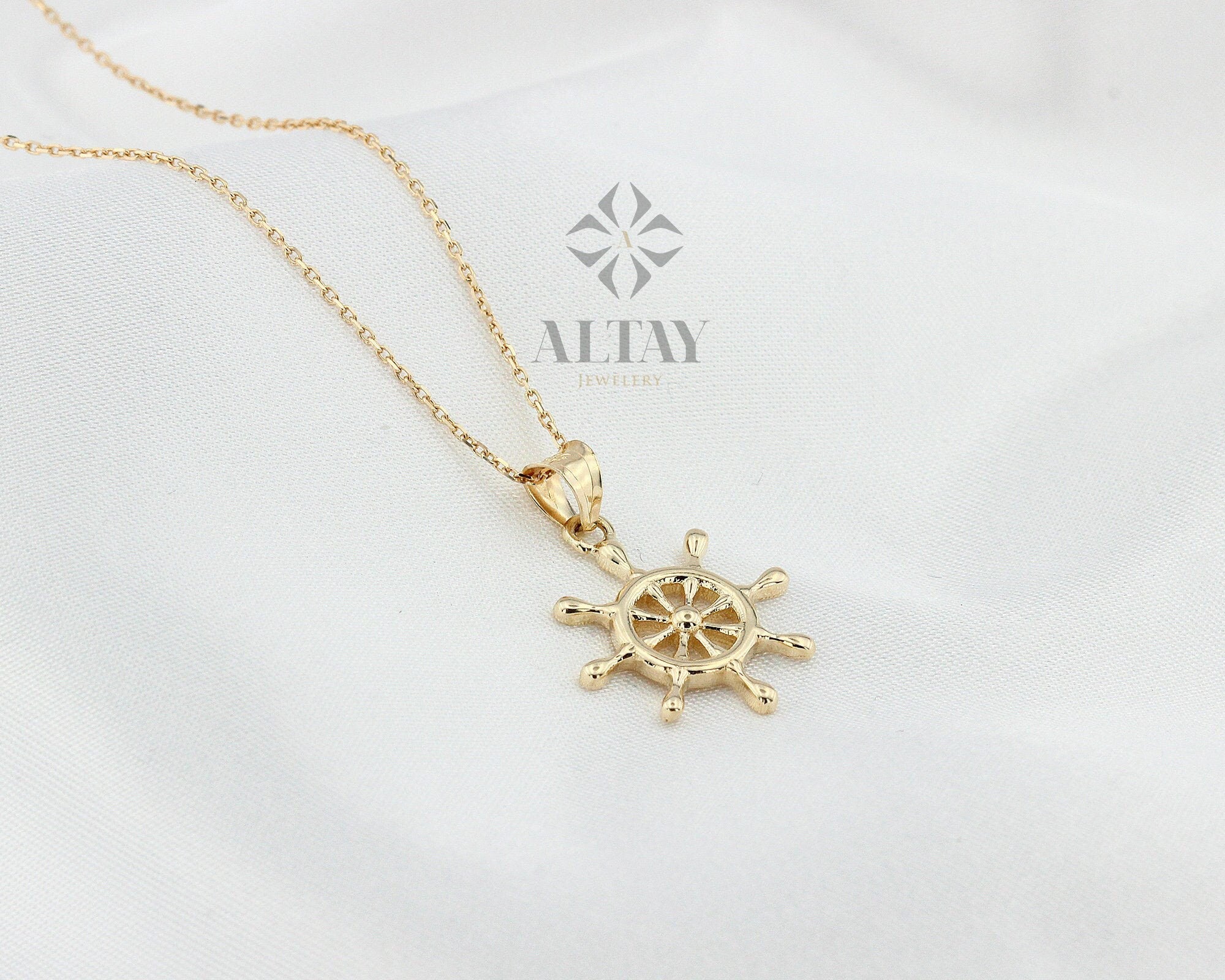 14K Gold Ship Wheel Necklace, Rudder Pendant, Nautical Charm, Boat Prow Pirate Jewelry, Tiny Boat Helm Choker, Gold Pendant, Gift for Her