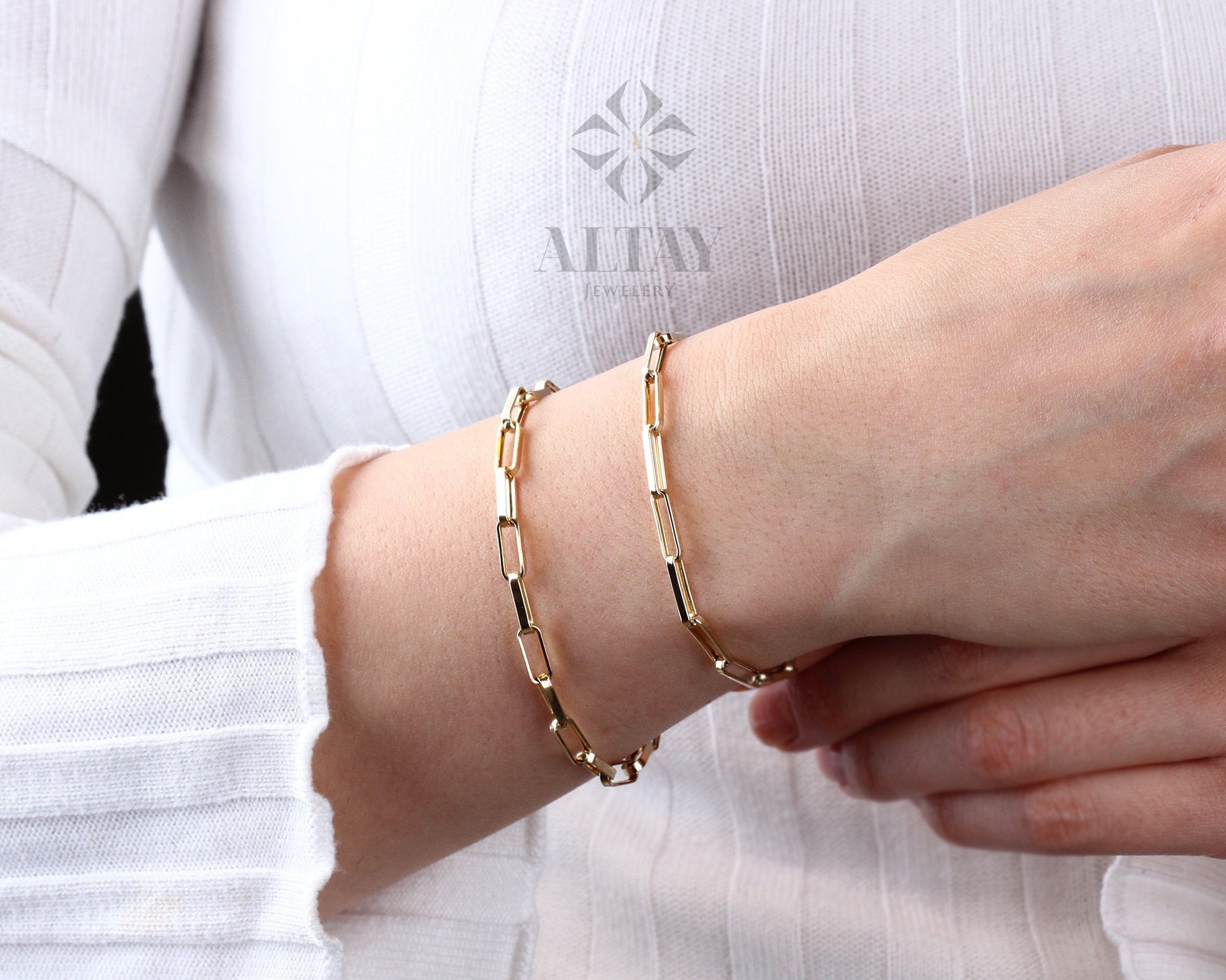 14K Gold Paperclip Chain Bracelet, Rectangle Long Chain, Chunky Chain Link Anklet, Stacking Bracelets, Men Women Layering Chain Bracelet