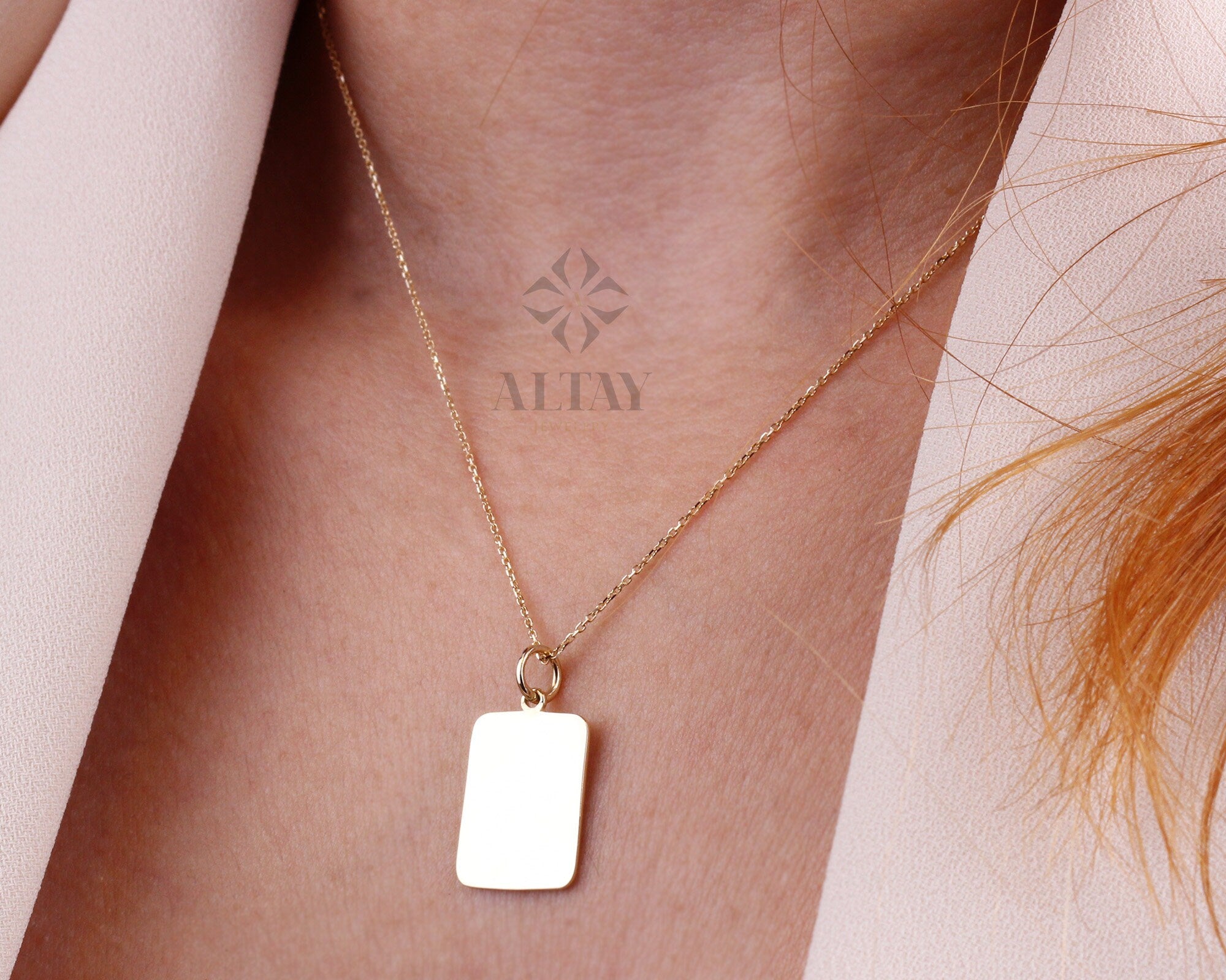 14K Gold Rectangle ID Necklace, Personalized Initial Choker, Custom Name Charm, Medical ID Necklace, Engraved Date Pendant, Gift For Her