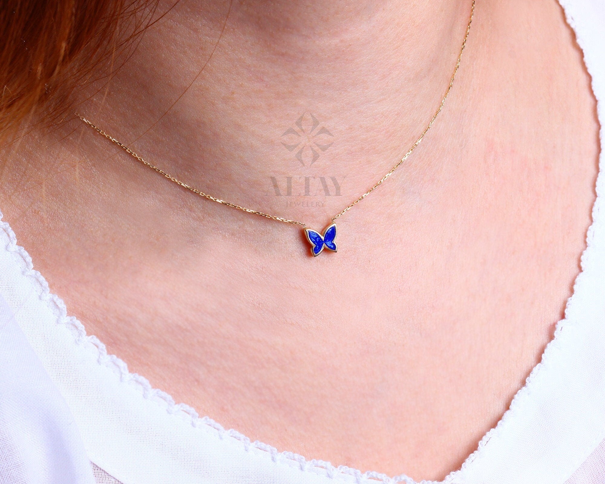 14K Solid Gold Butterfly Necklace, Good Luck Charm Necklace, Dainty Enamel Gold Pendant, Animal Choker, Gift for Her, Everyday Jewelry