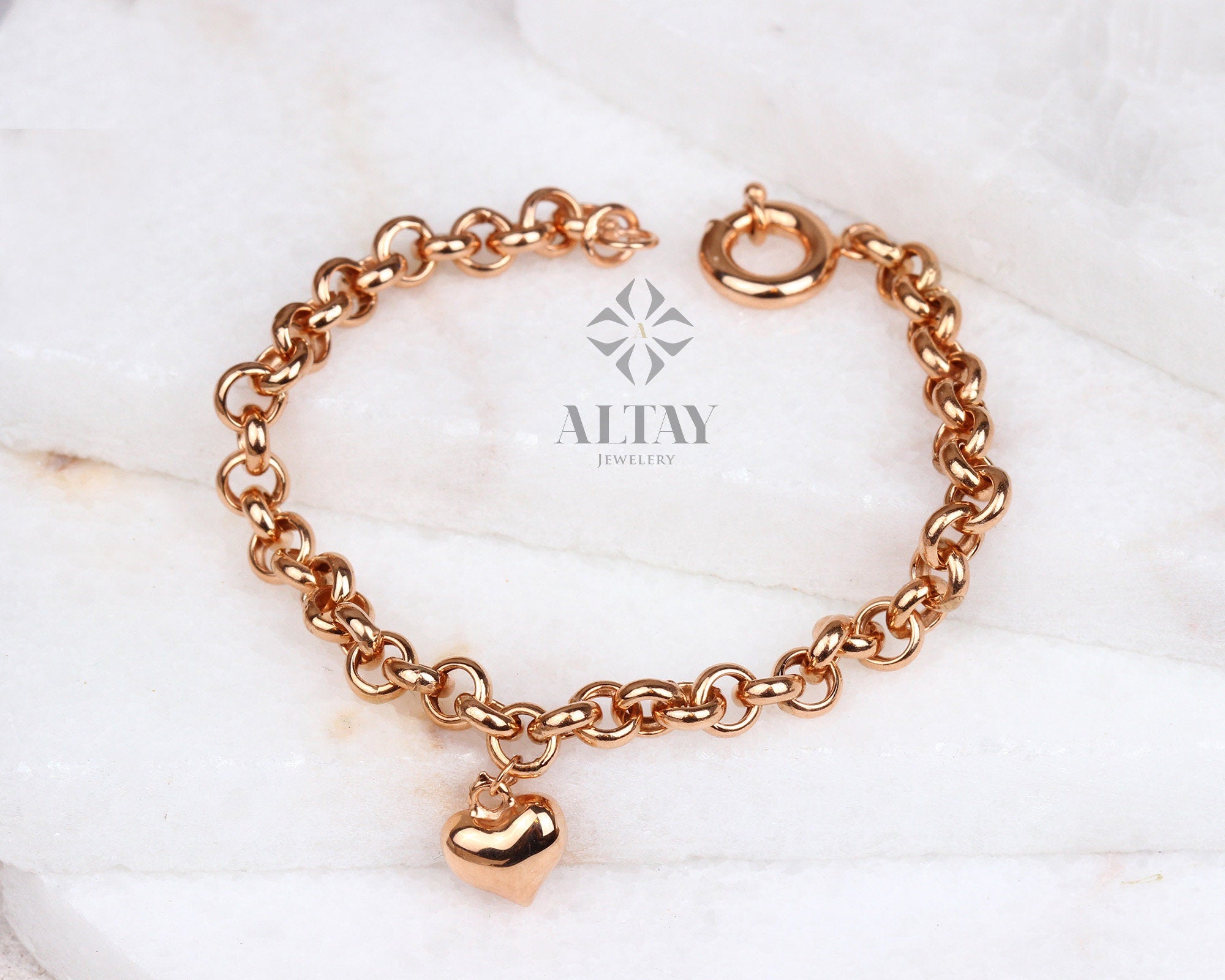 14K Gold 5mm Rolo Chain, Gold Heart Charm Bracelet, Love Bracelet, Mini 3D Heart Pendant, Link Heart Charm Bracelet, Jewelry, Gift for Her
