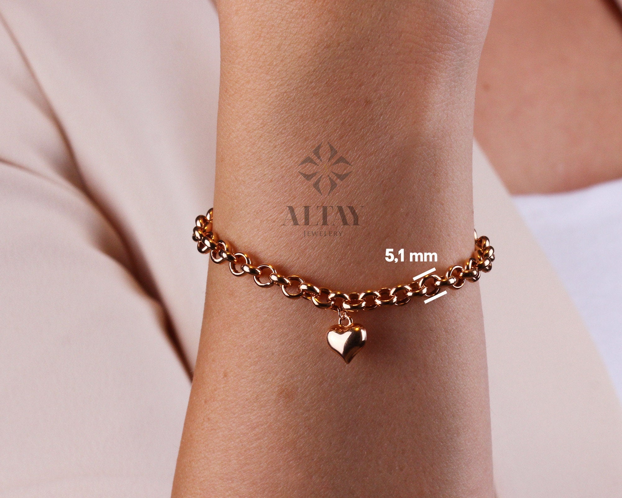 14K Gold 5mm Rolo Chain, Gold Heart Charm Bracelet, Love Bracelet, Mini 3D Heart Pendant, Link Heart Charm Bracelet, Jewelry, Gift for Her