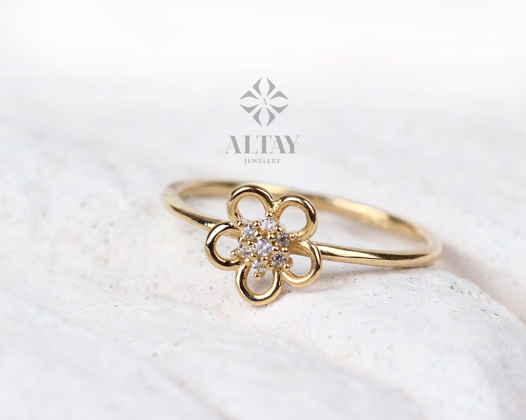 14K Gold Flower Ring, Diamond Daisy Ring, Sunflower Band, Stackable Gold Ring, Dainty Flower Ring, Tiny Gold FlowerJewelry, Gift For Her