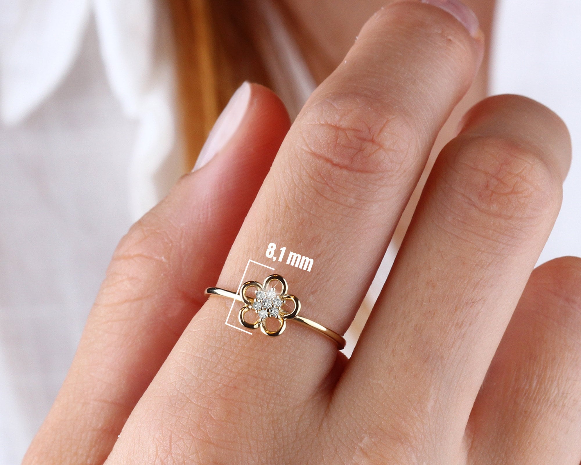 14K Gold Flower Ring, Diamond Daisy Ring, Sunflower Band, Stackable Gold Ring, Dainty Flower Ring, Tiny Gold FlowerJewelry, Gift For Her
