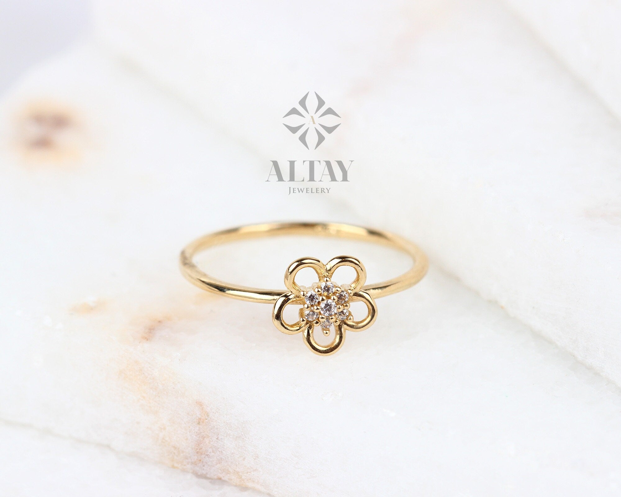 14K Gold Flower Ring, Diamond Daisy Ring, Sunflower Band, Stackable Gold Ring, Dainty Flower Ring, Tiny Gold FlowerJewelry, Gift For Her