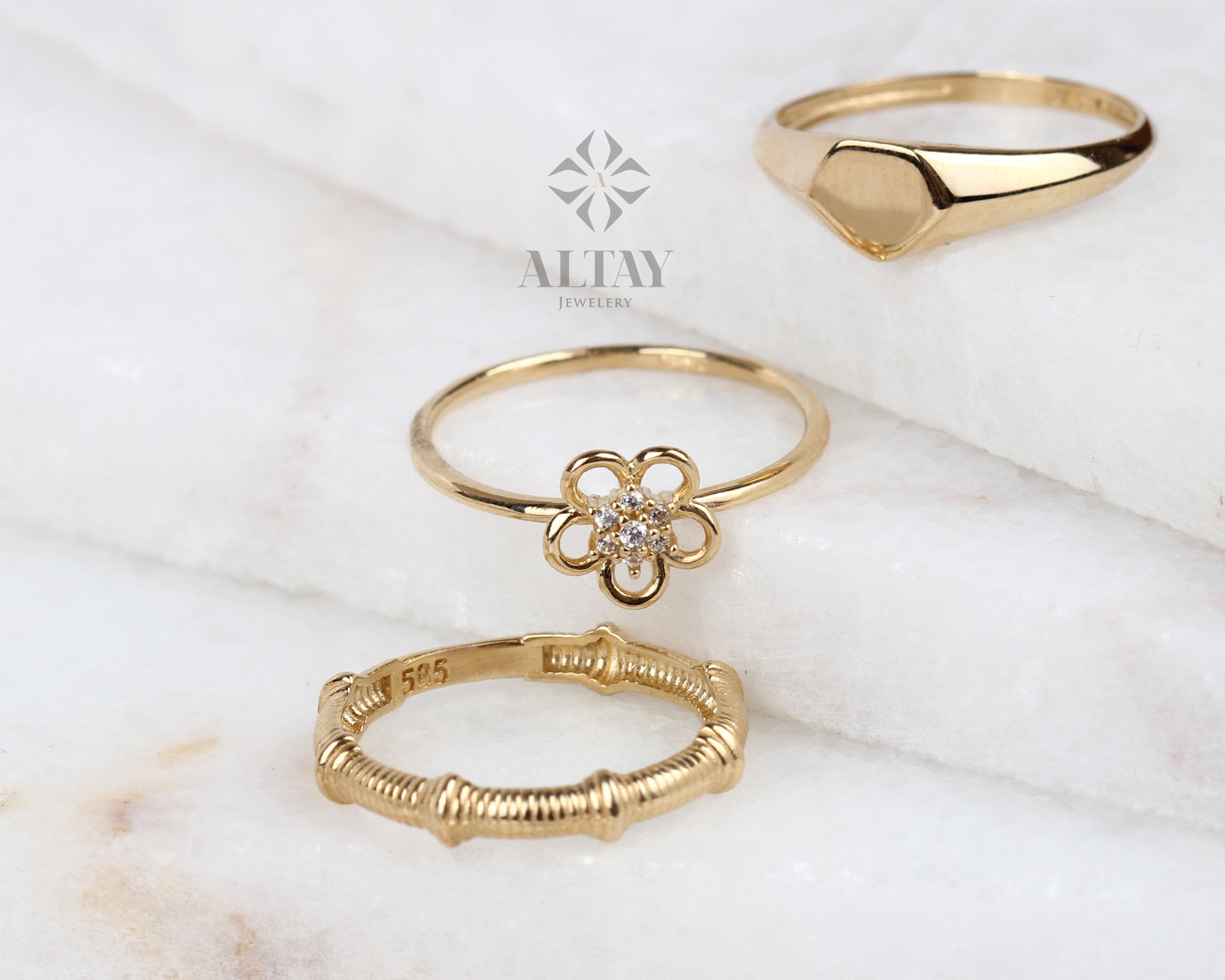 14K Gold Flower Ring, Diamond Daisy Ring, Sunflower Band, Stackable Gold Ring, Dainty Flower Ring, Tiny Gold FlowerJewelry, Gift For Her