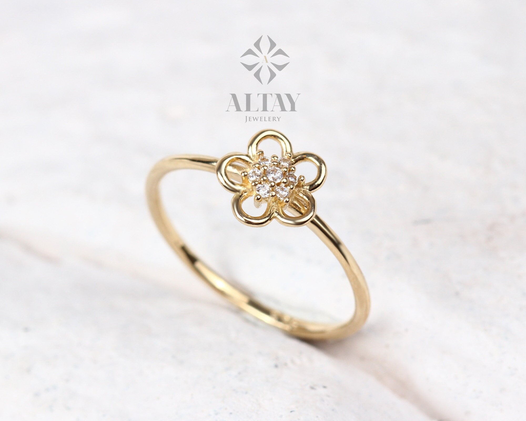 14K Gold Flower Ring, Diamond Daisy Ring, Sunflower Band, Stackable Gold Ring, Dainty Flower Ring, Tiny Gold FlowerJewelry, Gift For Her