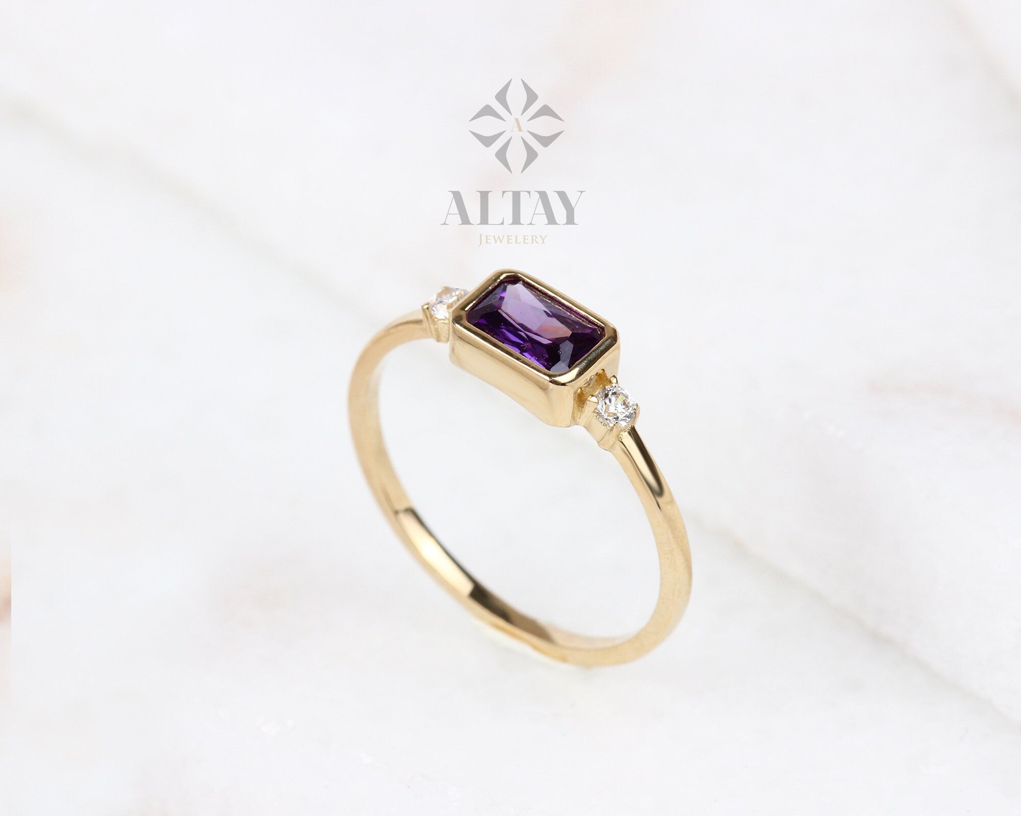 14K Gold Genuine Amethyst Ring, Diamond February Birthstone, Purple Amethyst Ring, Unique Amethyst Ring, Stacking Amethyst Ring, Jewelry