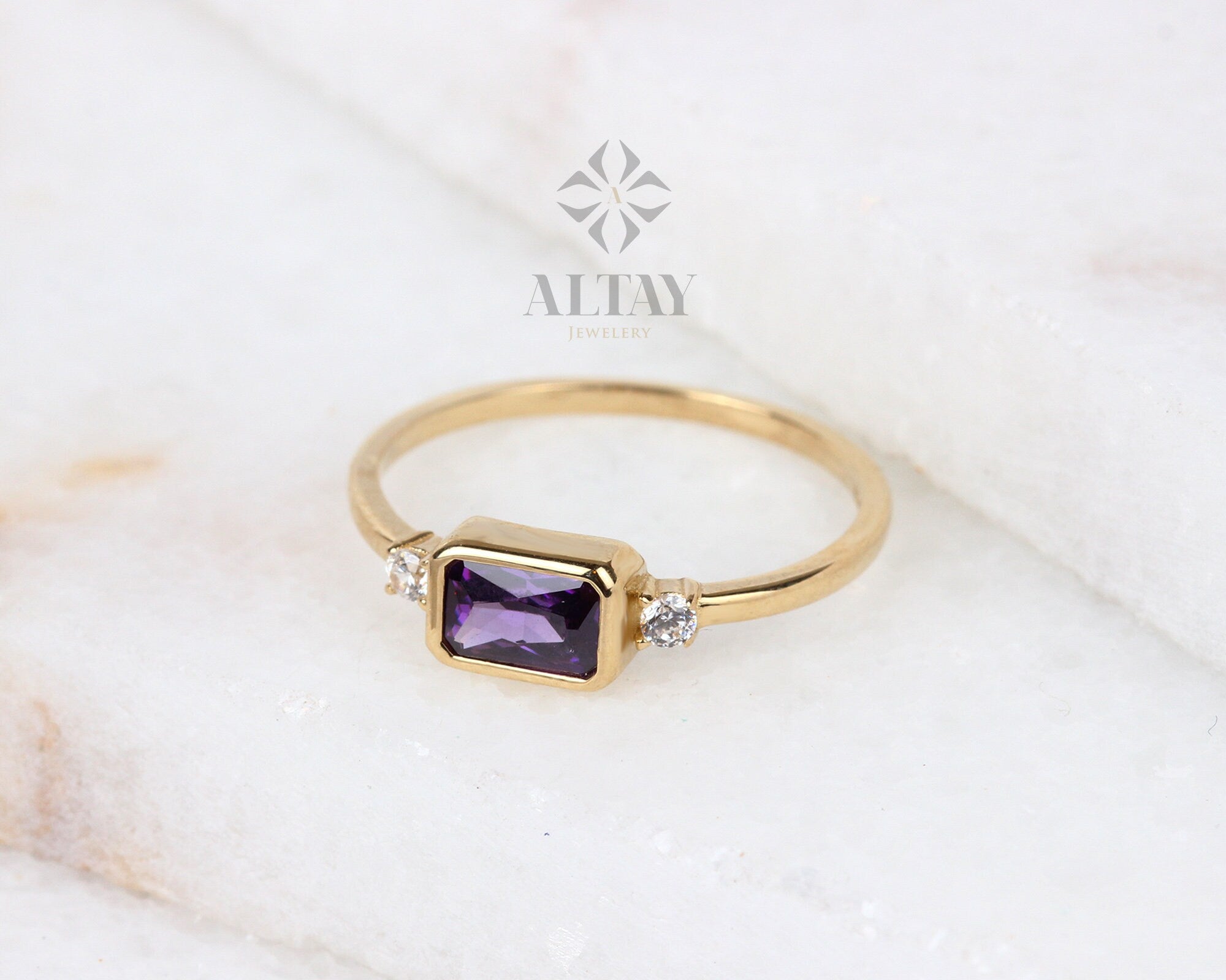 14K Gold Genuine Amethyst Ring, Diamond February Birthstone, Purple Amethyst Ring, Unique Amethyst Ring, Stacking Amethyst Ring, Jewelry