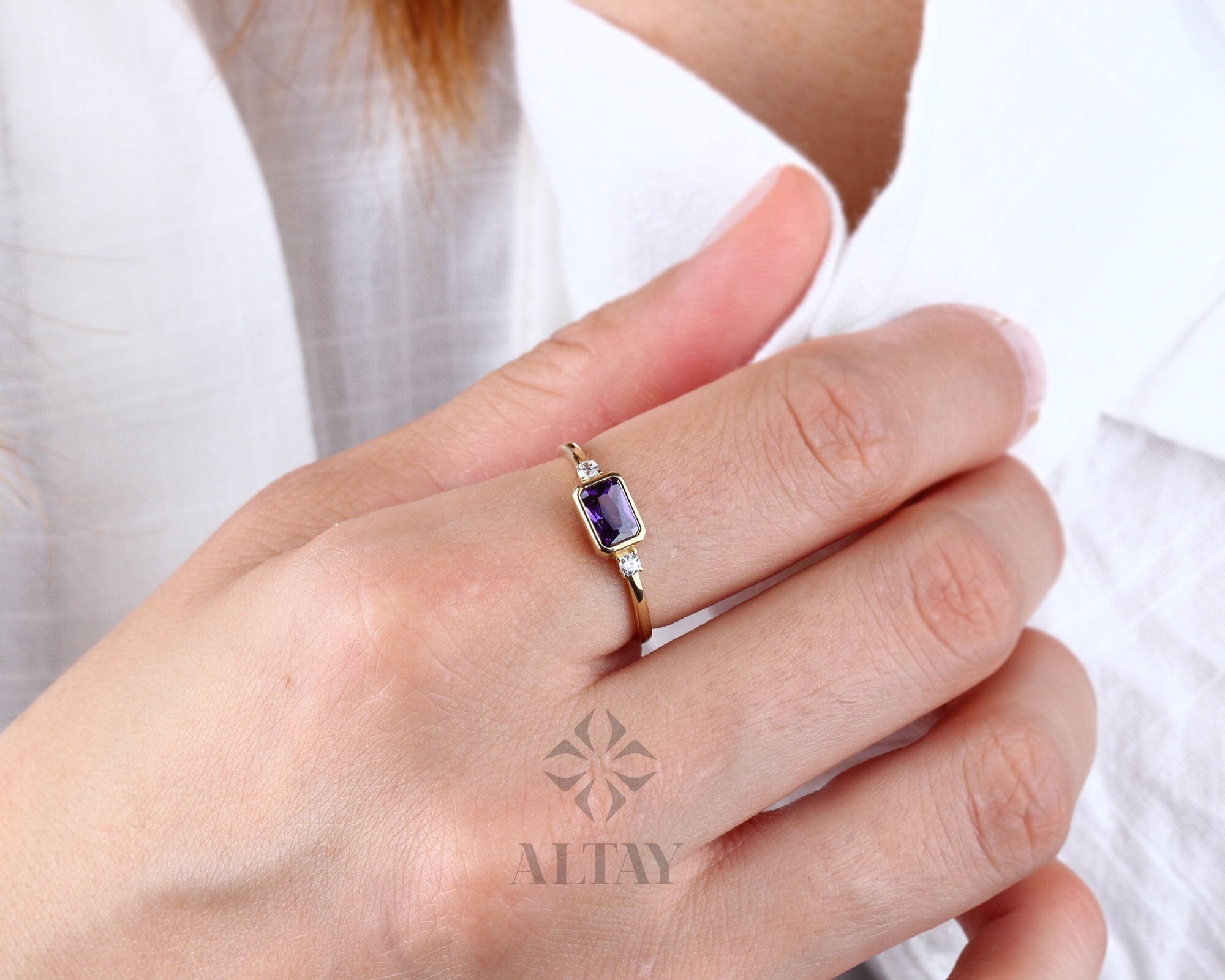 14K Gold Amethyst Ring, Emerald Cut Purple Stone Ring, Dainty Real Gold Birthstone Ring, Minimal Diamond Accent Band, Gift for Her