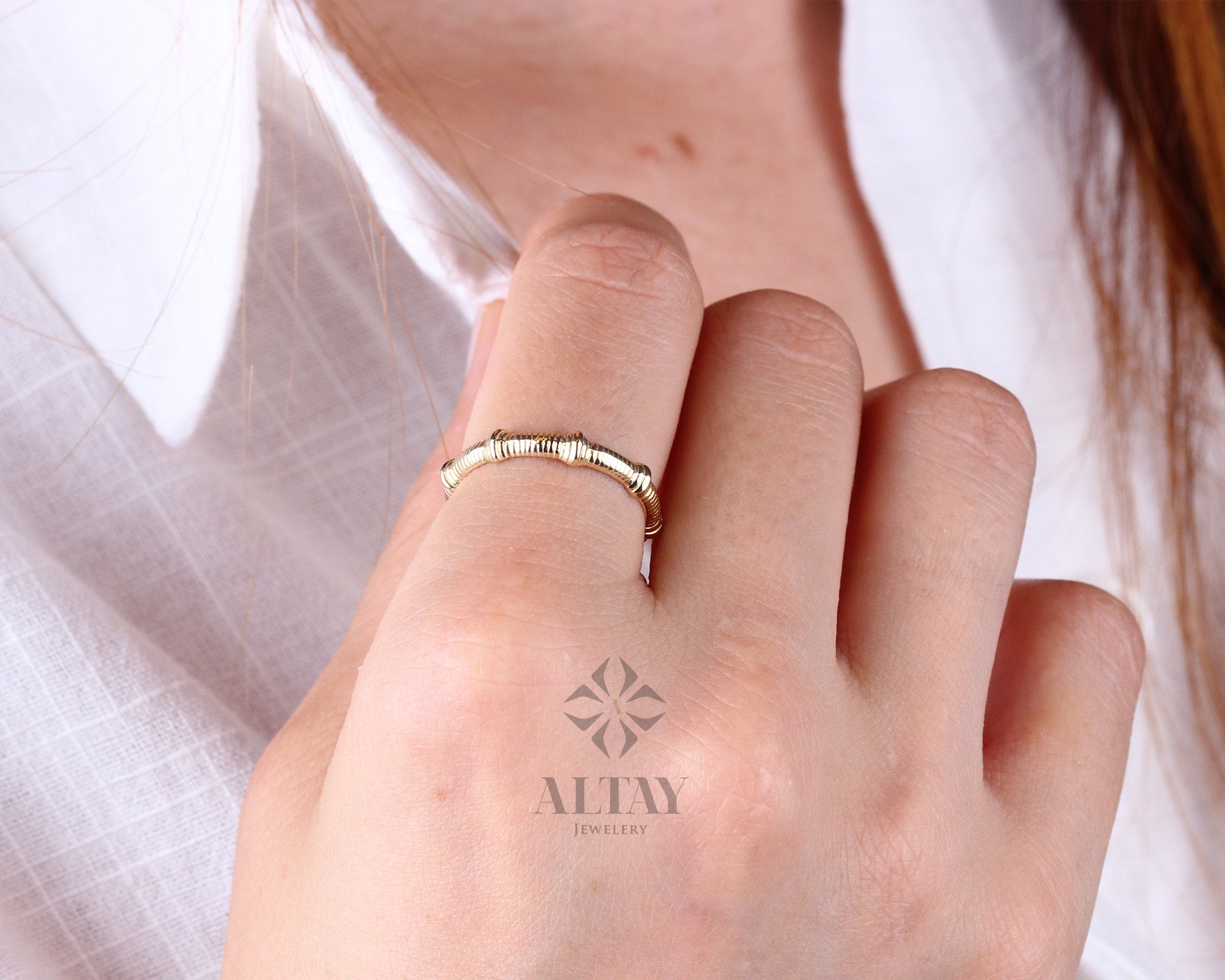 14K Gold Bamboo Ring, Thin Bone Gold Ring, Yellow Stackable Ring, Dainty Ring, Elegant Stylish Fine Jewelry, Real Gold, Gift for Her