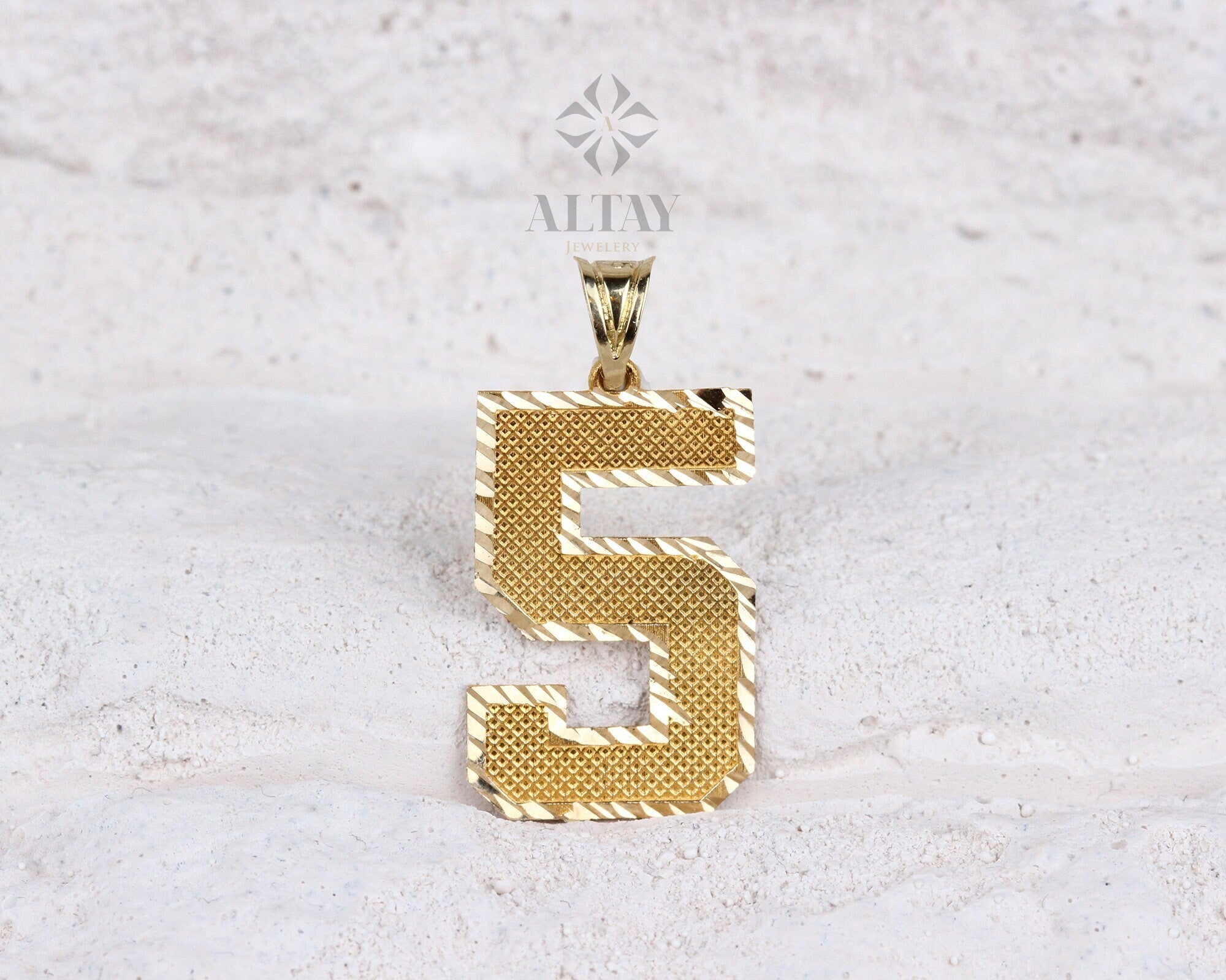 14K Solid Gold Number Pendant - 0-9 Diamond Cut Necklace Charm