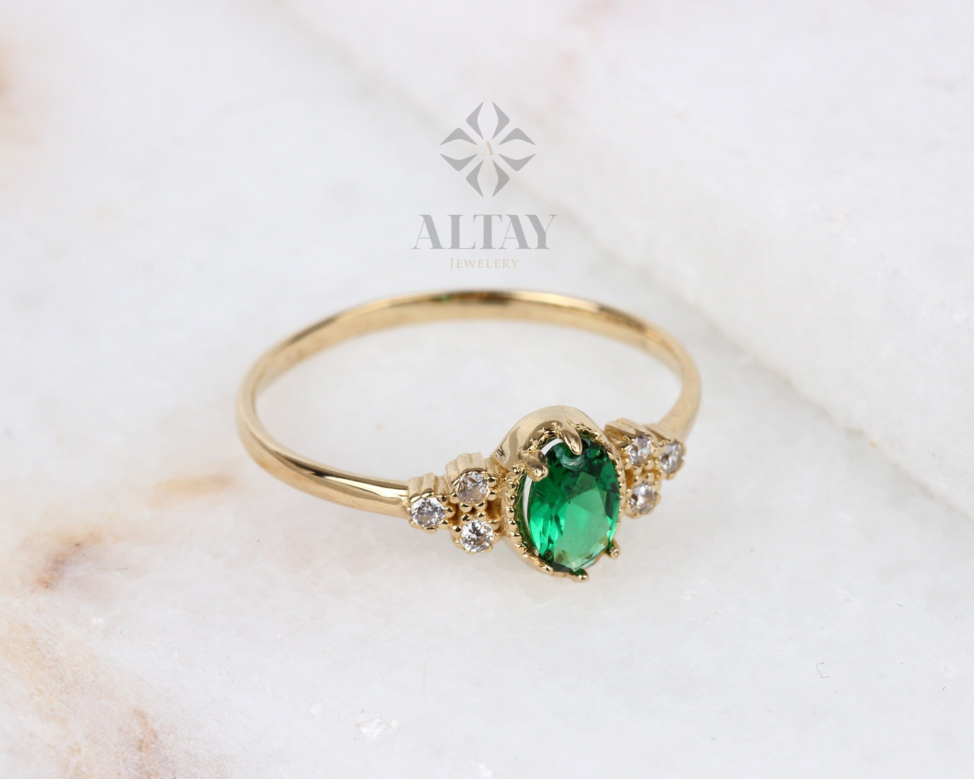 14K Gold Emerald Ring, Emerald Engagement Diamond Ring, Oval Cut Emerald Diamond Ring, Promise Ring, May Birthstone Solitaire Ring, Gift
