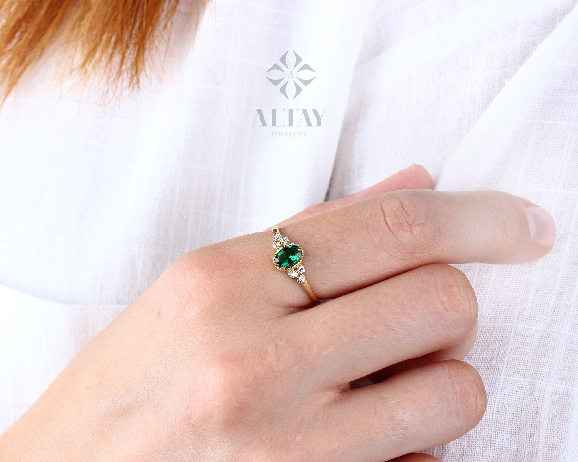 14K Gold Emerald Ring, Emerald Engagement Diamond Ring, Oval Cut Emerald Diamond Ring, Promise Ring, May Birthstone Solitaire Ring, Gift