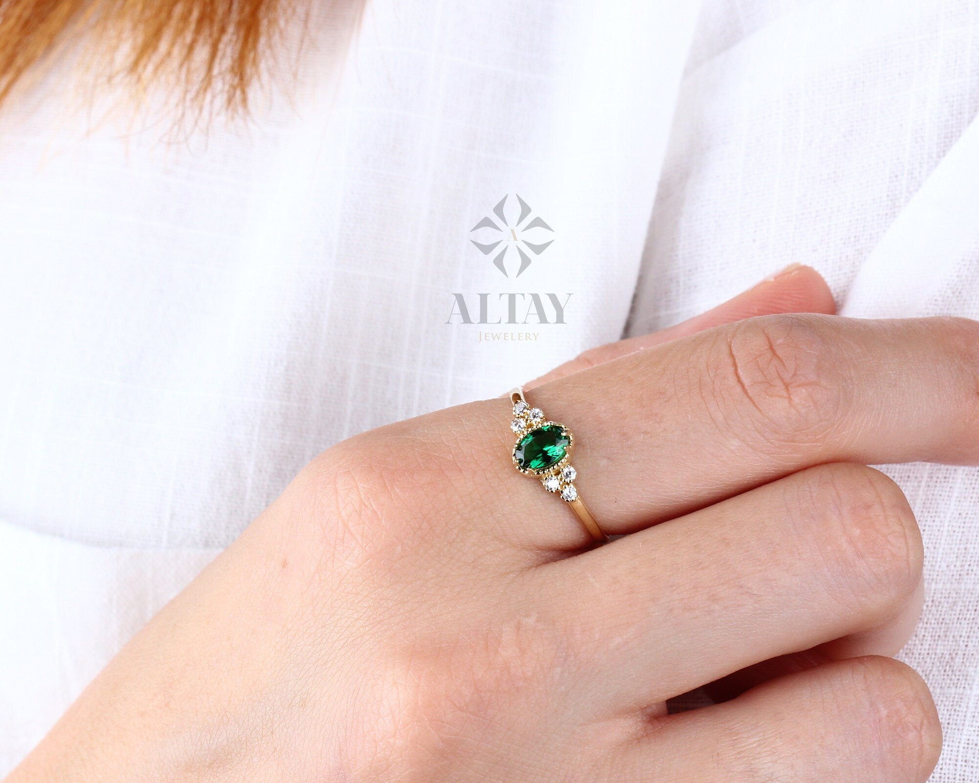 14K Gold Emerald Ring, Emerald Engagement Diamond Ring, Oval Cut Emerald Diamond Ring, Promise Ring, May Birthstone Solitaire Ring, Gift