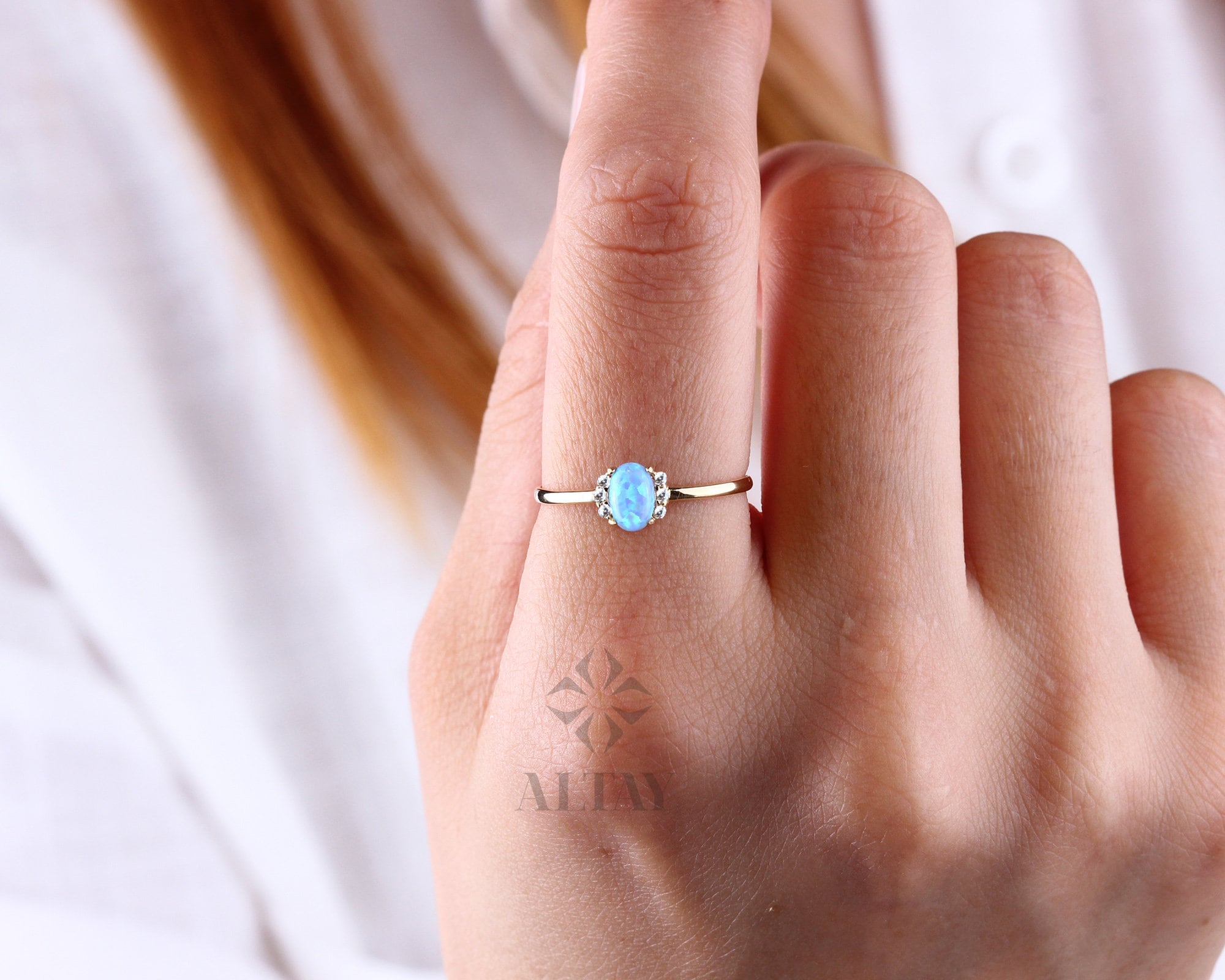 14K Gold Blue Opal Ring, Opal Engagement Ring, Oval Opal Band Ring, Dainty Blue Gemstone Ring, Solitaire Gold Ring, Stacking Promise Ring