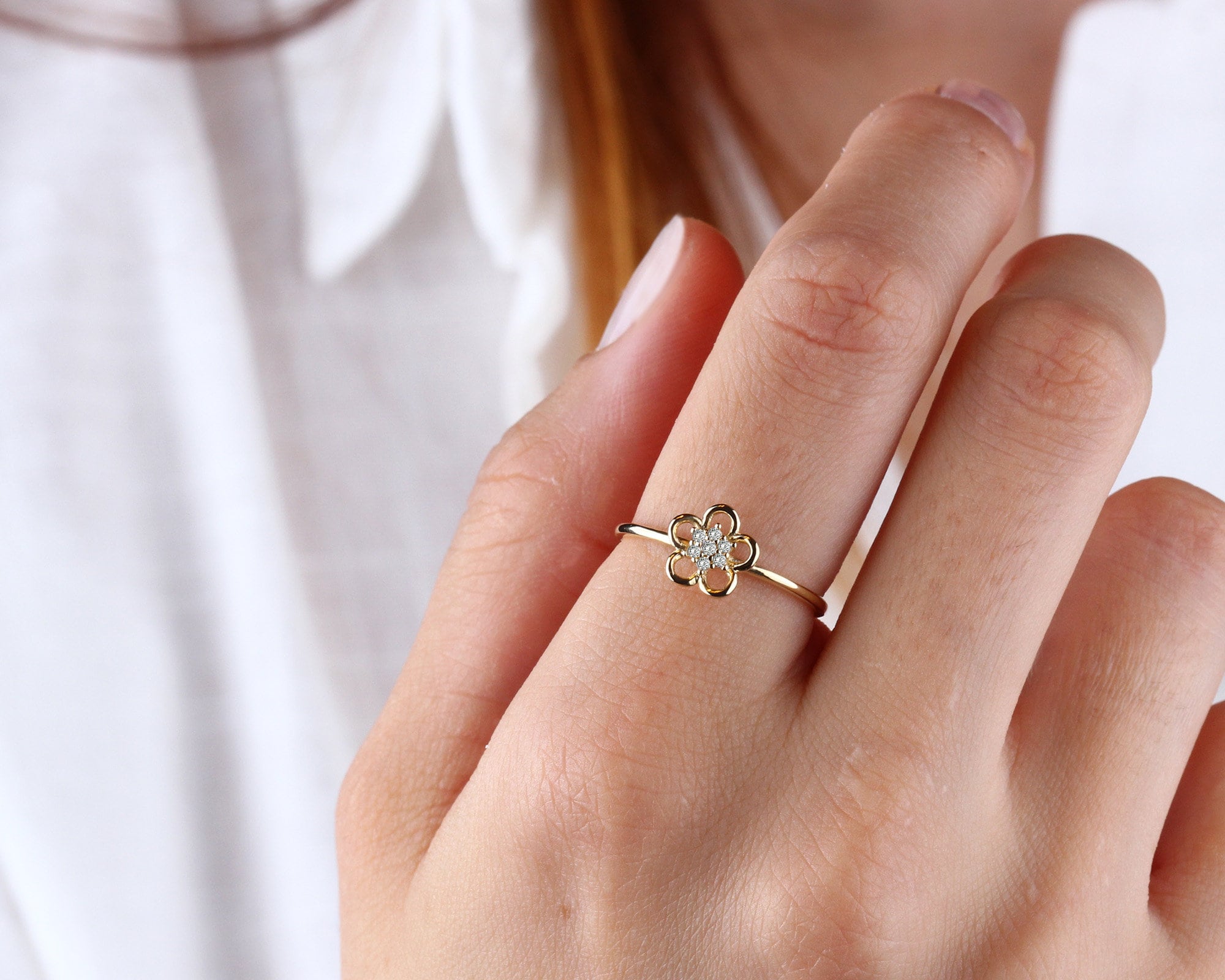 14K Gold Flower Ring, Diamond Daisy Ring, Sunflower Band, Stackable Gold Ring, Dainty Flower Ring, Tiny Gold FlowerJewelry, Gift For Her