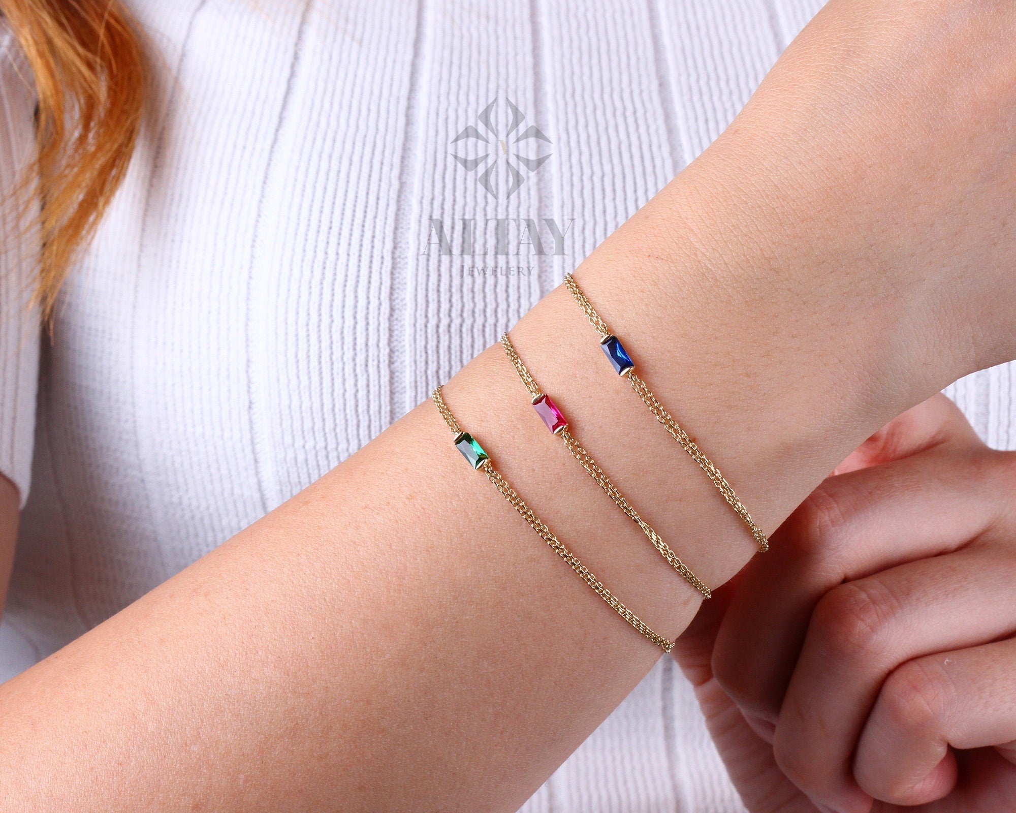 14K Gold Birthstone Baguette Bracelet, Dainty Baguette Bracelet, Emerald Bracelet, Sapphire Bracelet, Ruby Bracelet, Thin Chain Bracelet