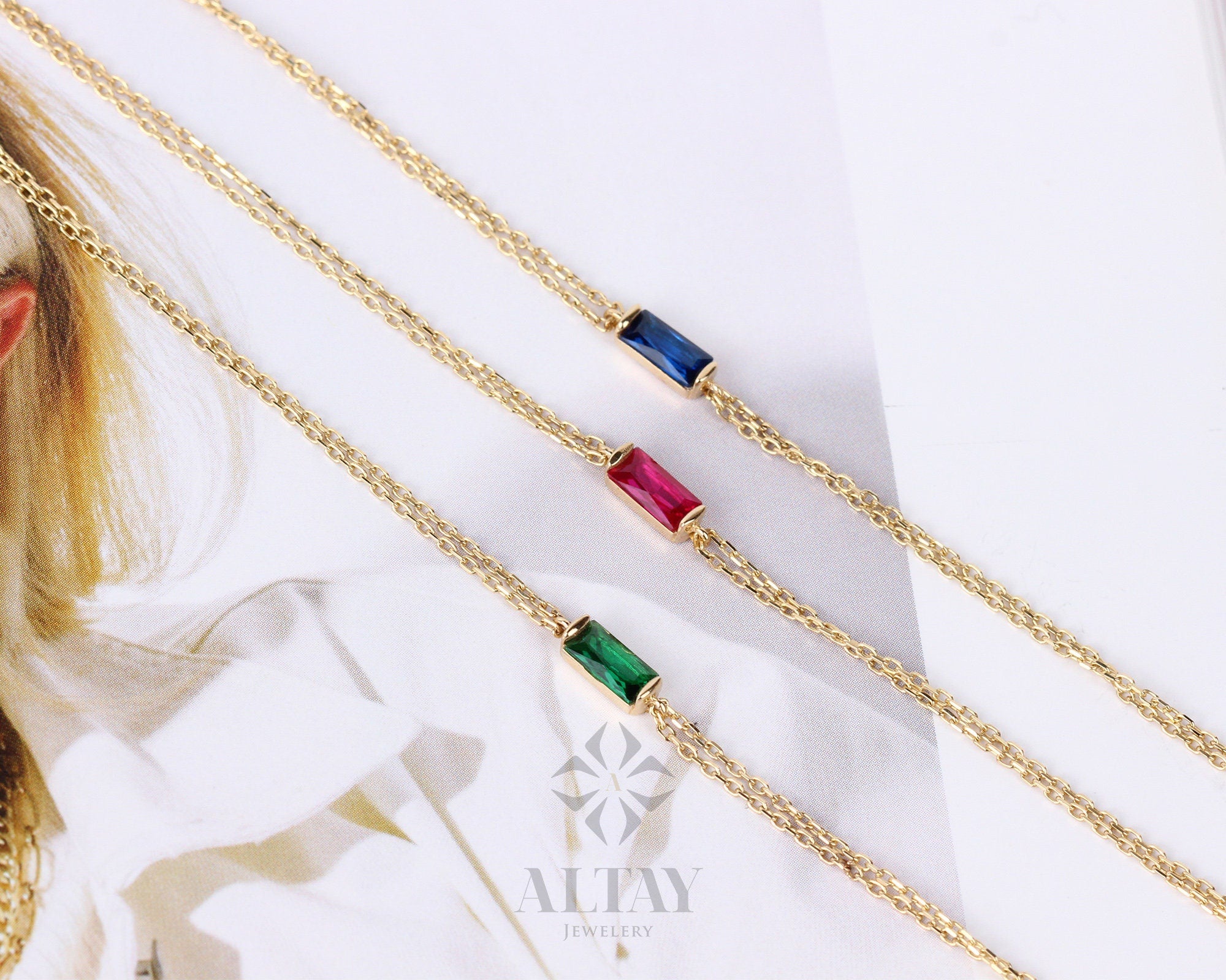 14K Gold Birthstone Baguette Bracelet, Dainty Baguette Bracelet, Emerald Bracelet, Sapphire Bracelet, Ruby Bracelet, Thin Chain Bracelet