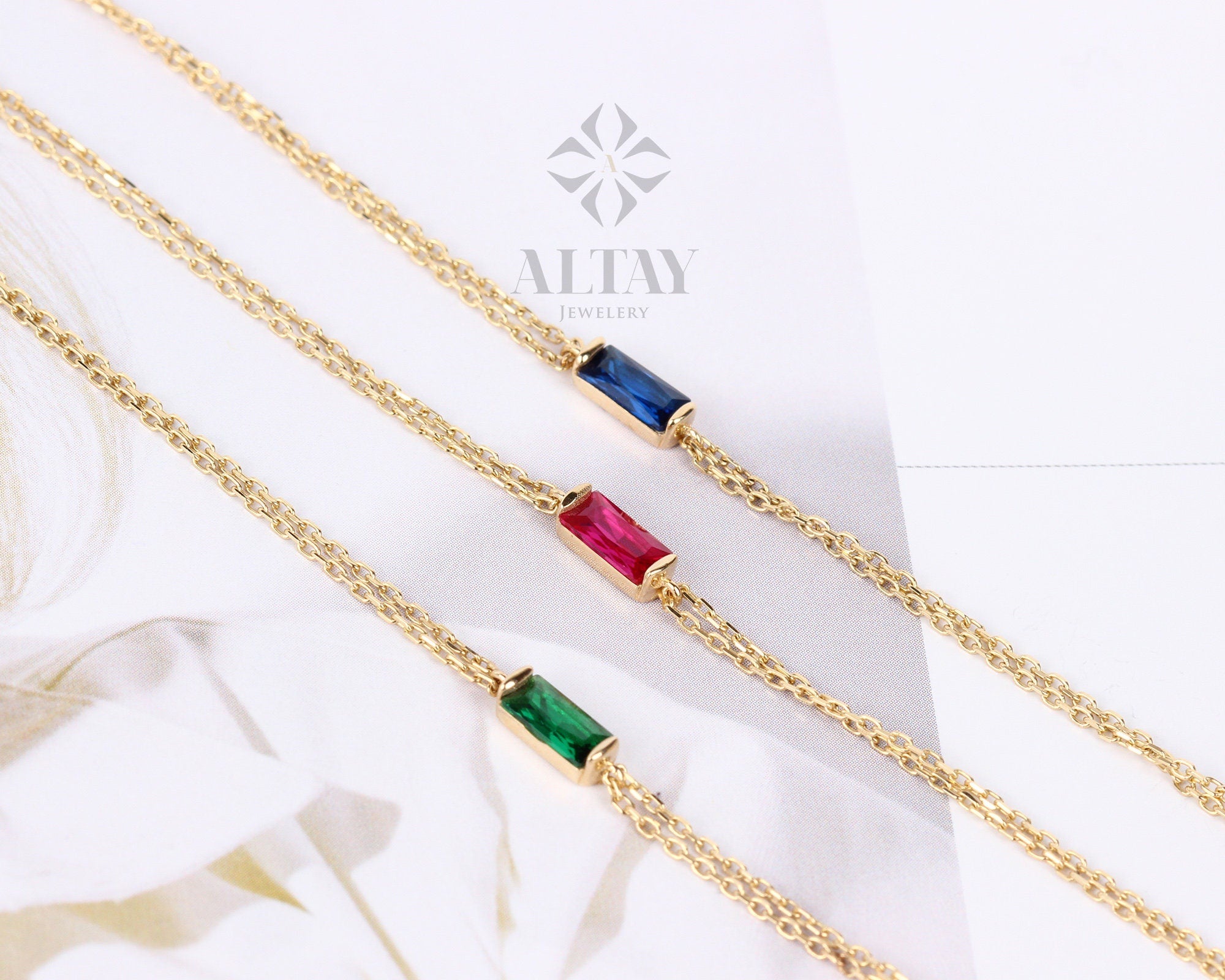 14K Gold Birthstone Baguette Bracelet, Dainty Baguette Bracelet, Emerald Bracelet, Sapphire Bracelet, Ruby Bracelet, Thin Chain Bracelet