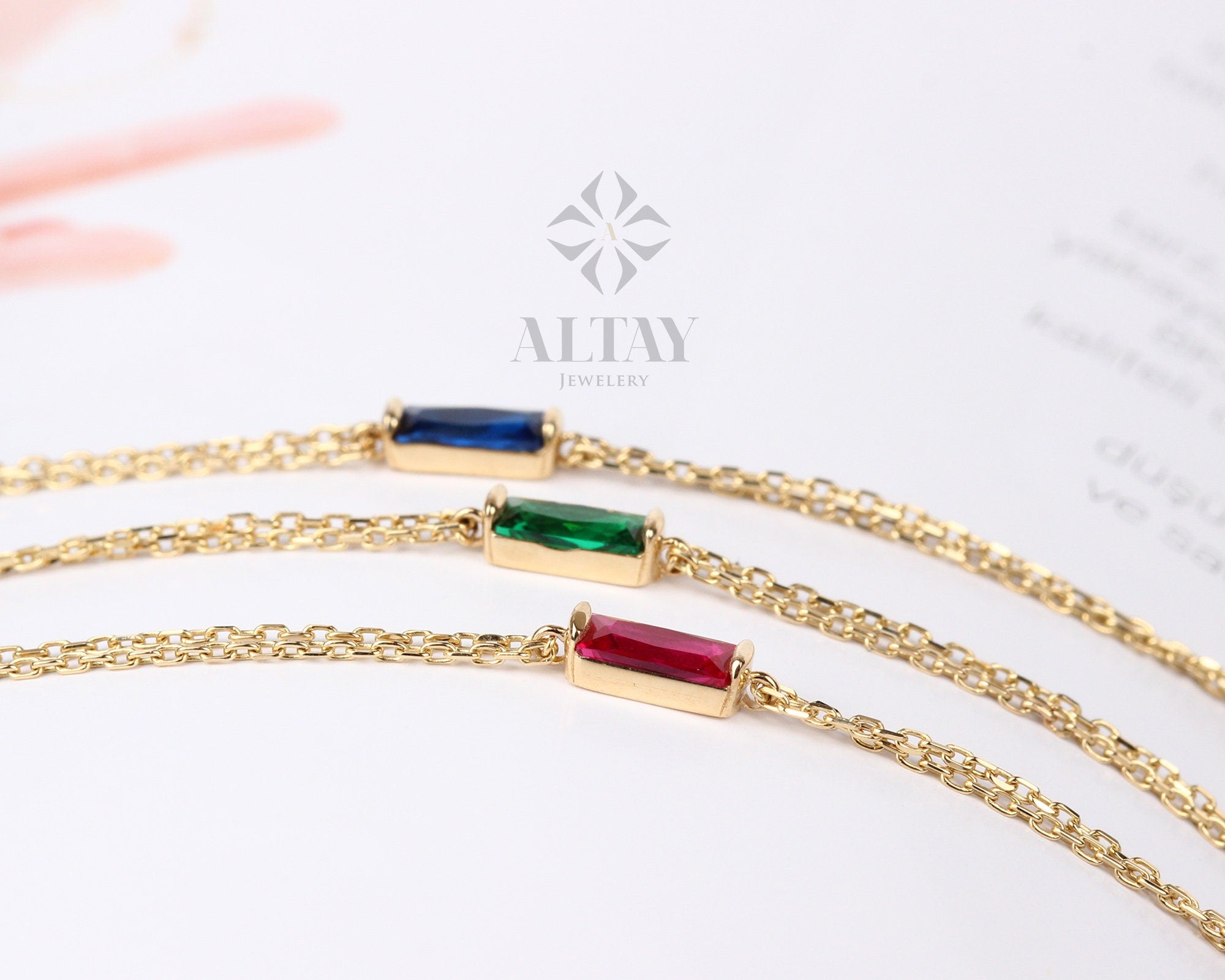 14K Gold Birthstone Baguette Bracelet, Dainty Baguette Bracelet, Emerald Bracelet, Sapphire Bracelet, Ruby Bracelet, Thin Chain Bracelet