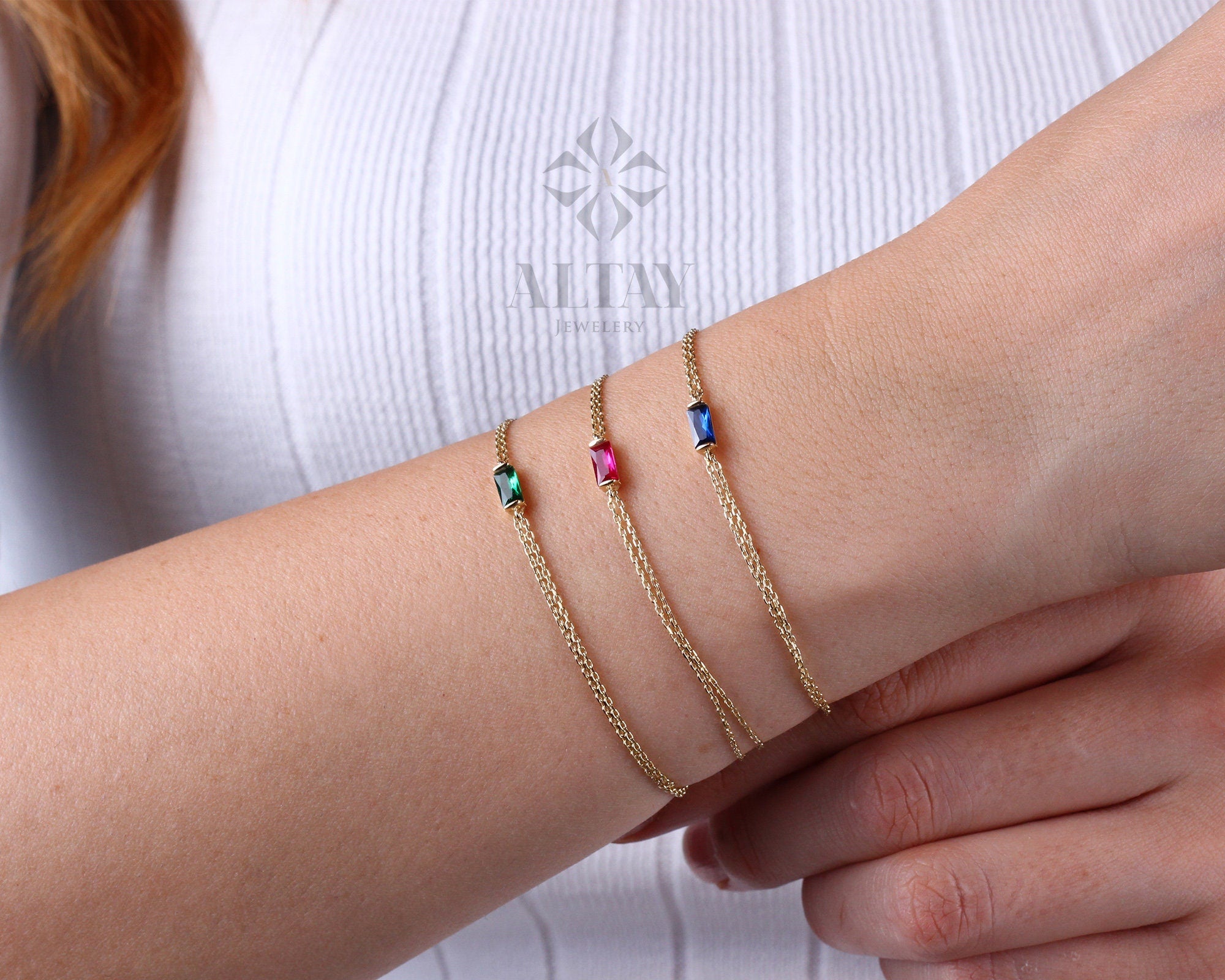 14K Gold Birthstone Baguette Bracelet, Dainty Baguette Bracelet, Emerald Bracelet, Sapphire Bracelet, Ruby Bracelet, Thin Chain Bracelet