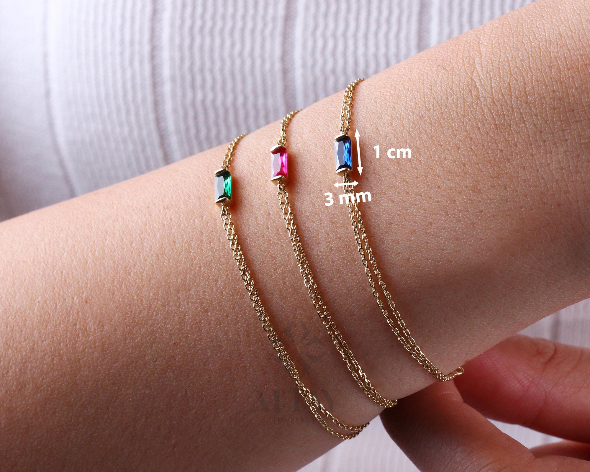 14K Gold Birthstone Baguette Bracelet, Dainty Baguette Bracelet, Emerald Bracelet, Sapphire Bracelet, Ruby Bracelet, Thin Chain Bracelet