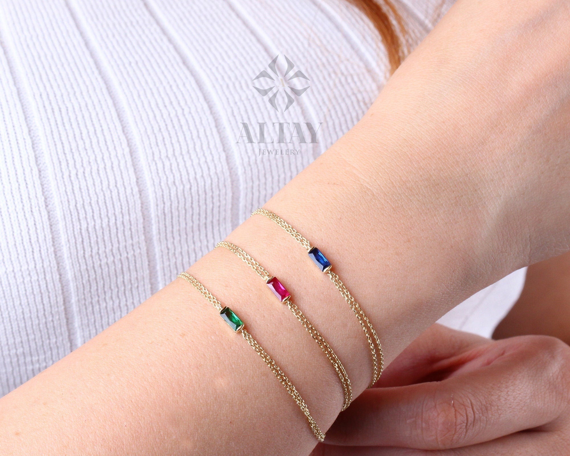 14K Gold Birthstone Bracelet, Baguette Birthstone Bracelet, Personalized Gemstone Bracelet, Dainty Gold Bracelet, Custom Bracelet Women