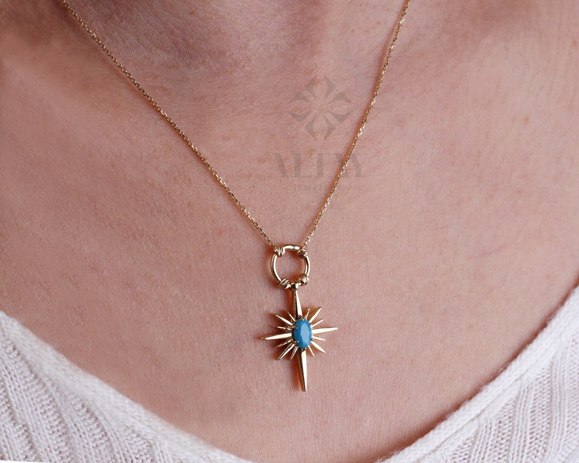 14K Gold Turquoise North Star Necklace, Celestial Starburst Pendant, Pole Star Choker, Dainty Layering Chain, Christmas, Valentines Day Gift
