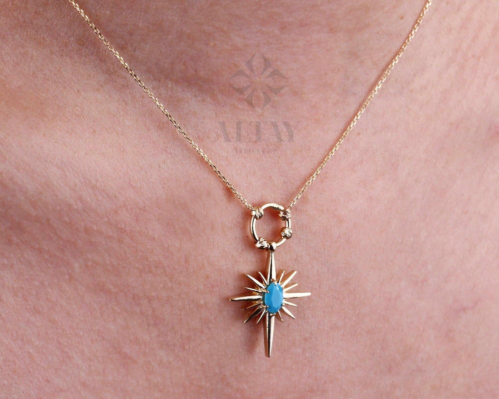14K Gold Turquoise North Star Necklace, Celestial Starburst Pendant, Pole Star Choker, Dainty Layering Chain, Christmas, Valentines Day Gift