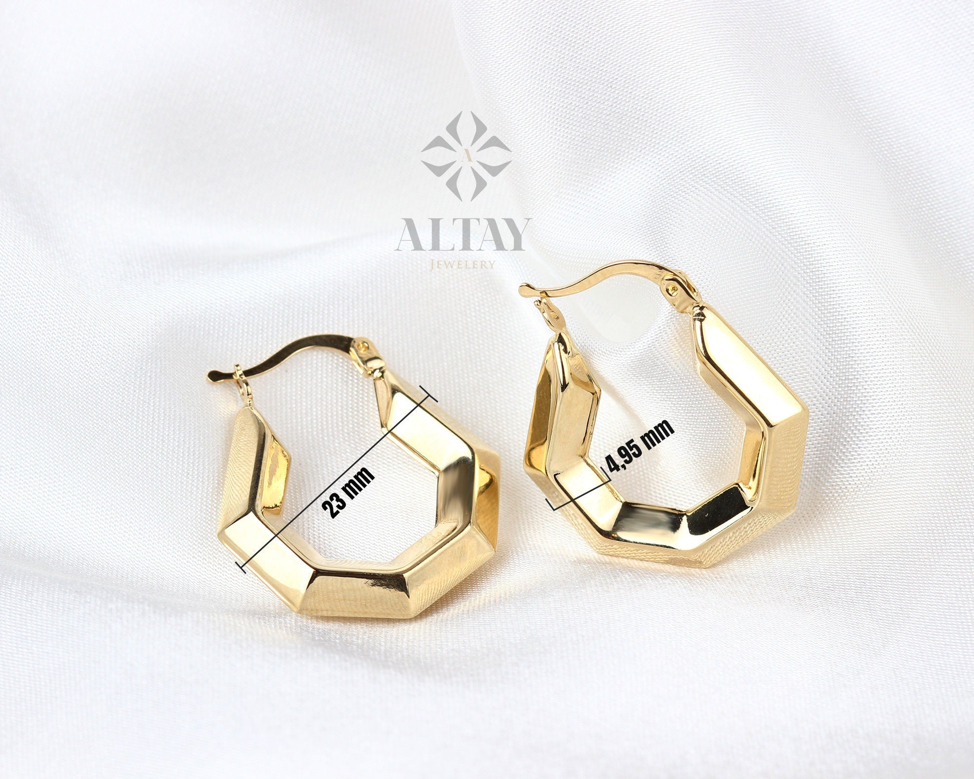 14K Gold Hexagon Hoop Earring, Geometric Gold Hoops, Gold Earrings, Yellow Gold, Minimal Everyday Earrings, Geometric Jewelry, Gift For Her