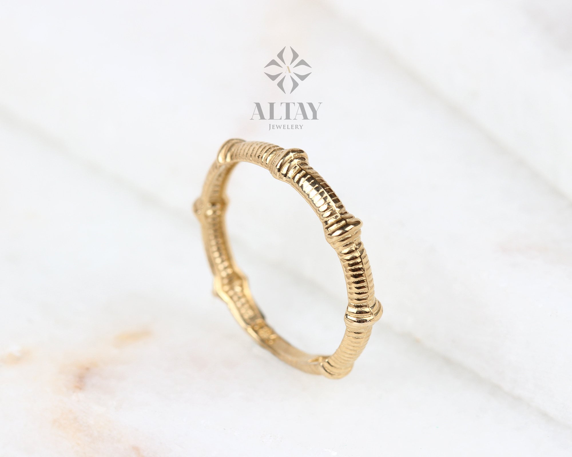 14K Gold Bamboo Ring, Thin Bone Gold Ring, Yellow Stackable Ring, Dainty Ring, Elegant Stylish Fine Jewelry, Real Gold, Gift for Her