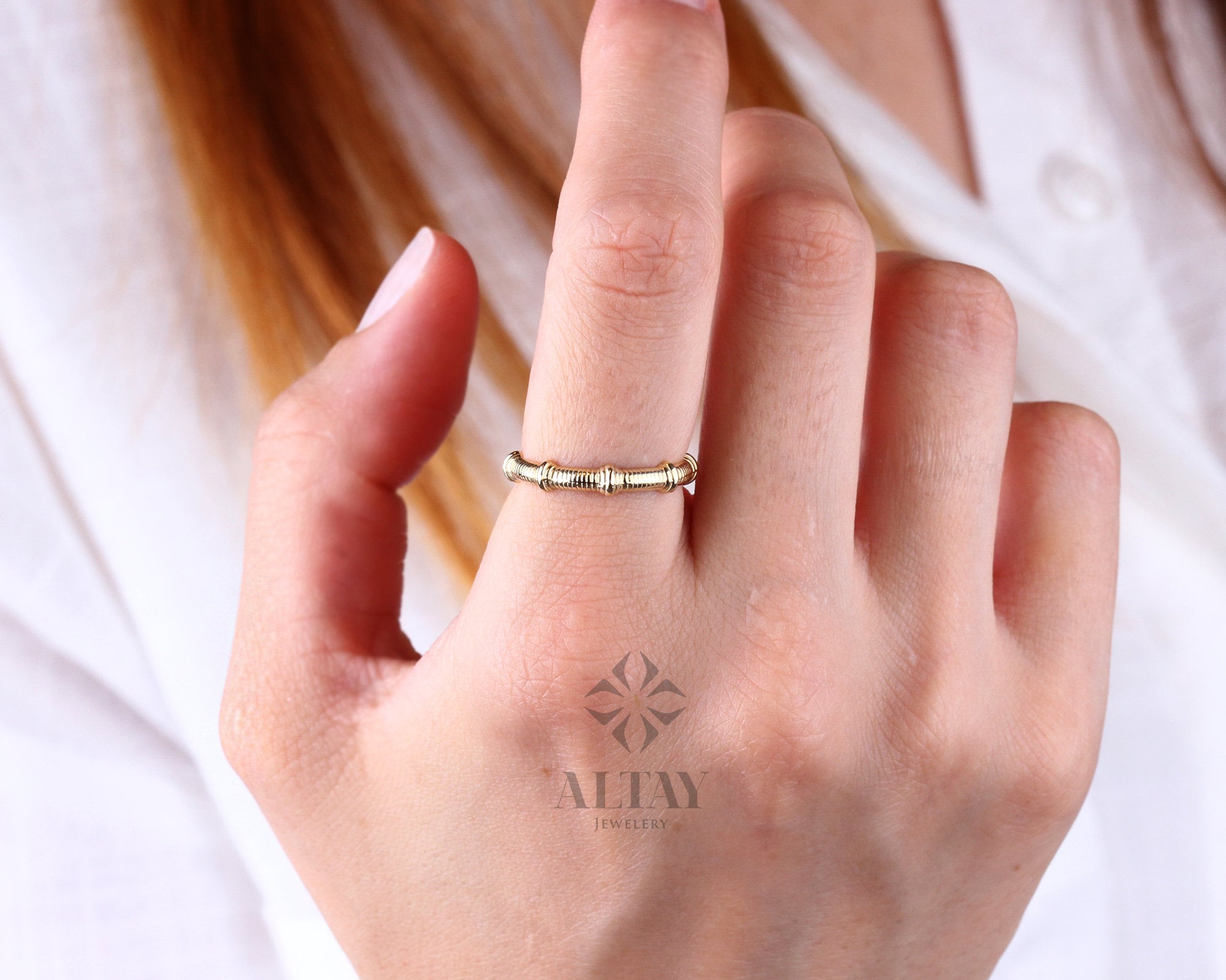 14K Gold Bamboo Ring, Thin Bone Gold Ring, Yellow Stackable Ring, Dainty Ring, Elegant Stylish Fine Jewelry, Real Gold, Gift for Her